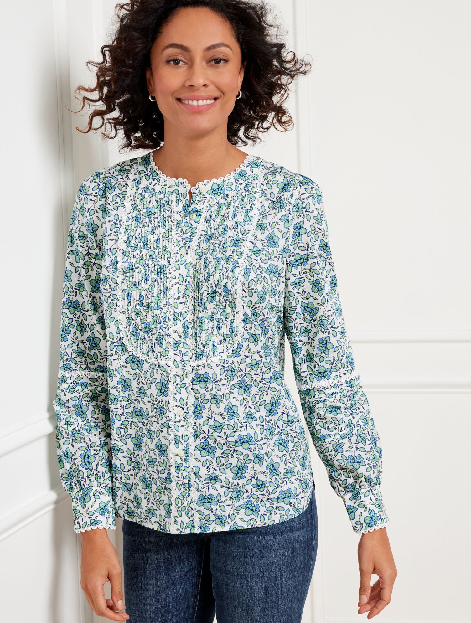 IVORY MULTI SCALLOP LACE TRIM TOP - BLOOMING DAFFODILS | Talbots discount