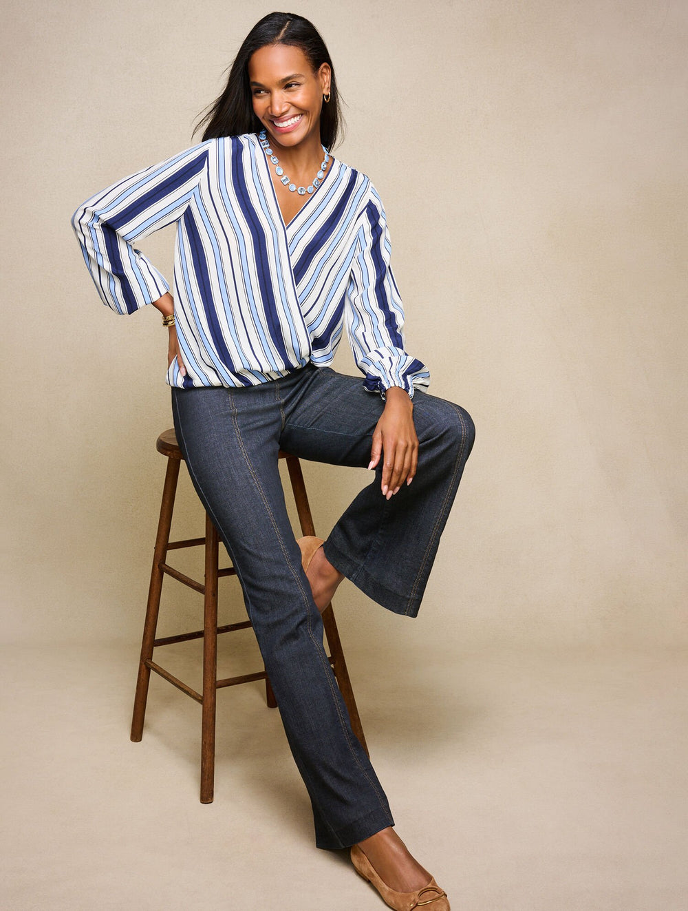 VISTA BLUE MULTI HAPPY STRIPE WRAP TOP | Talbots sale