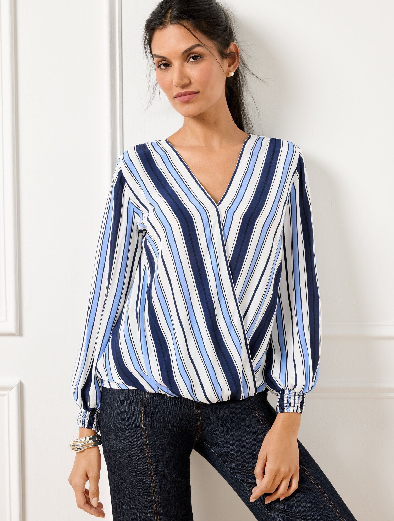 VISTA BLUE MULTI HAPPY STRIPE WRAP TOP | Talbots sale