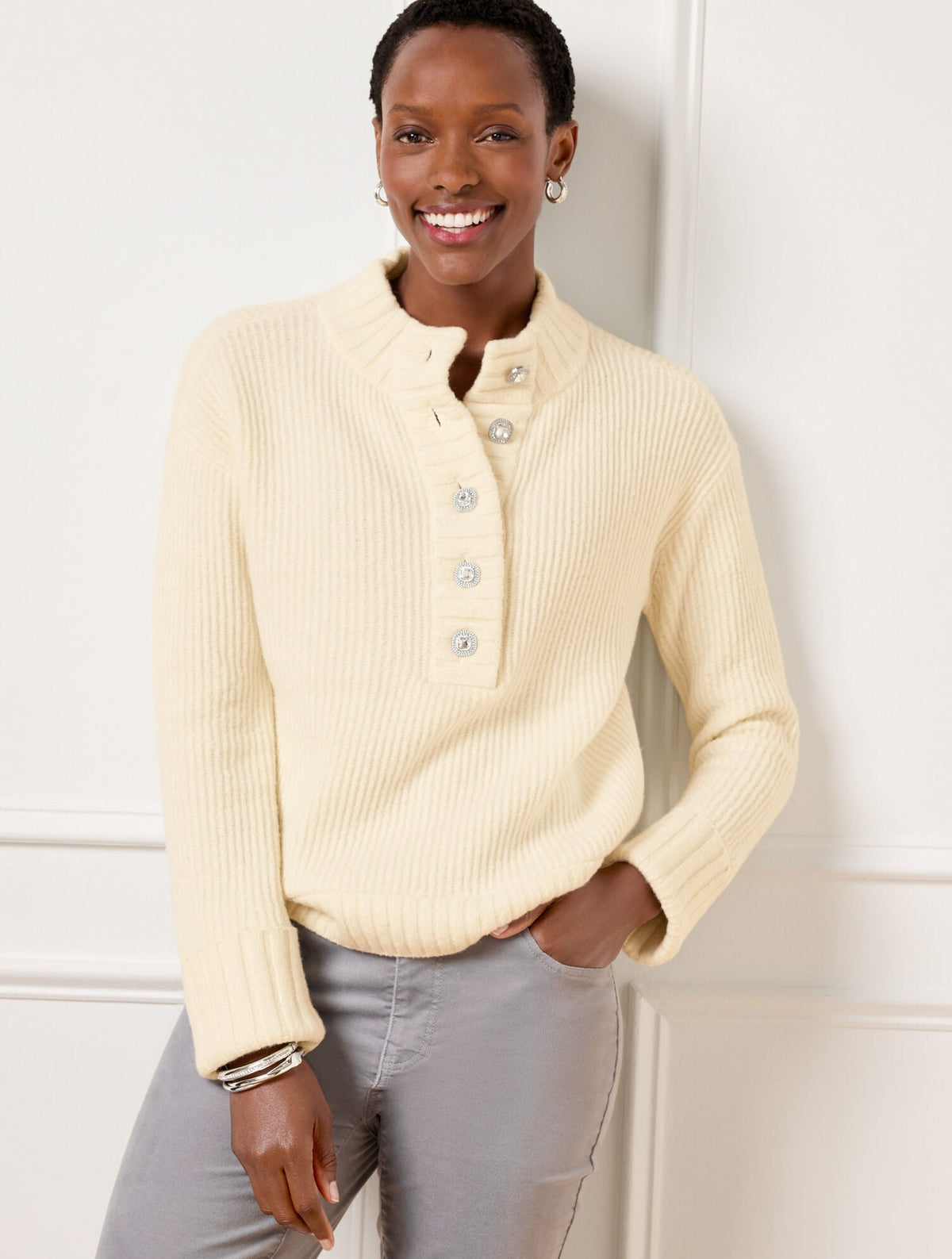 IVORY JEWEL BUTTON HENLEY PULLOVER | Talbots online