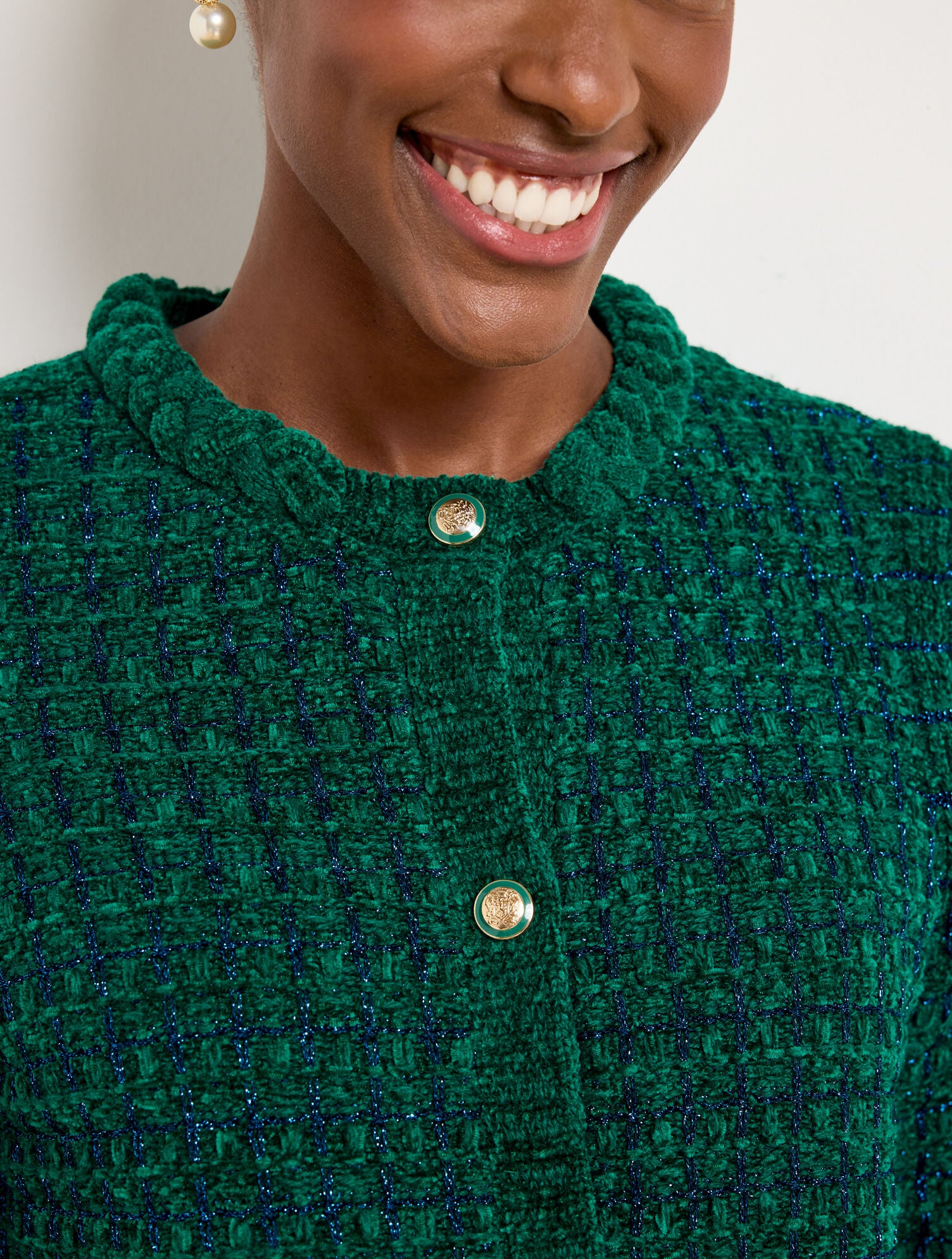 BLACK CHENILLE CREWNECK CARDIGAN - METALLIC PLAID | Talbots for sale