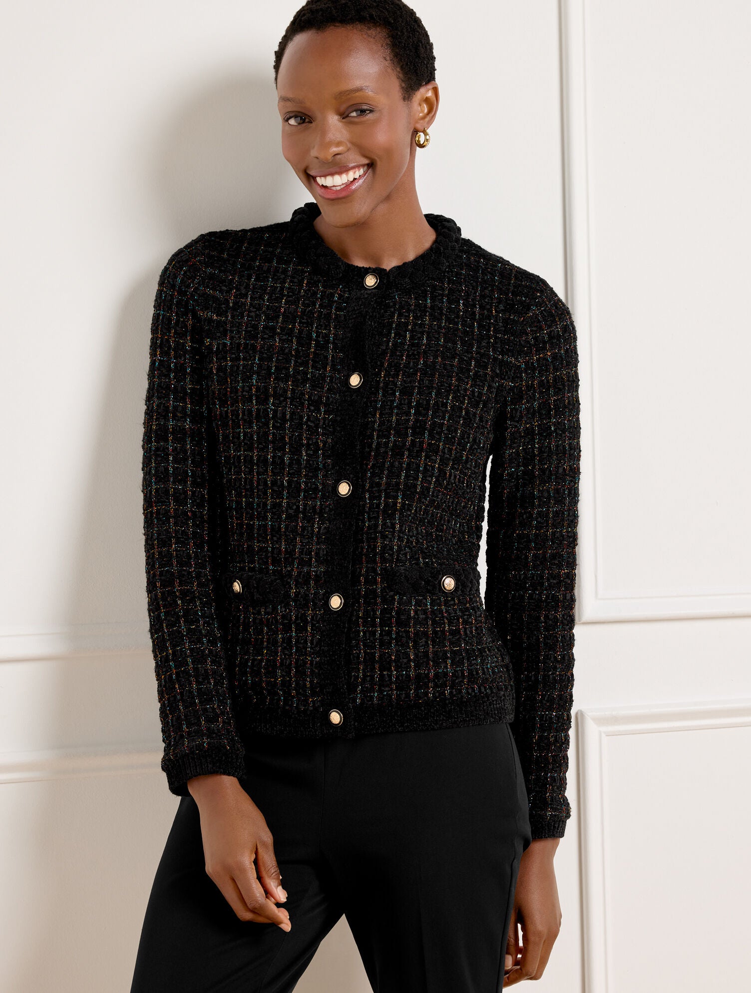 BLACK CHENILLE CREWNECK CARDIGAN - METALLIC PLAID | Talbots for sale