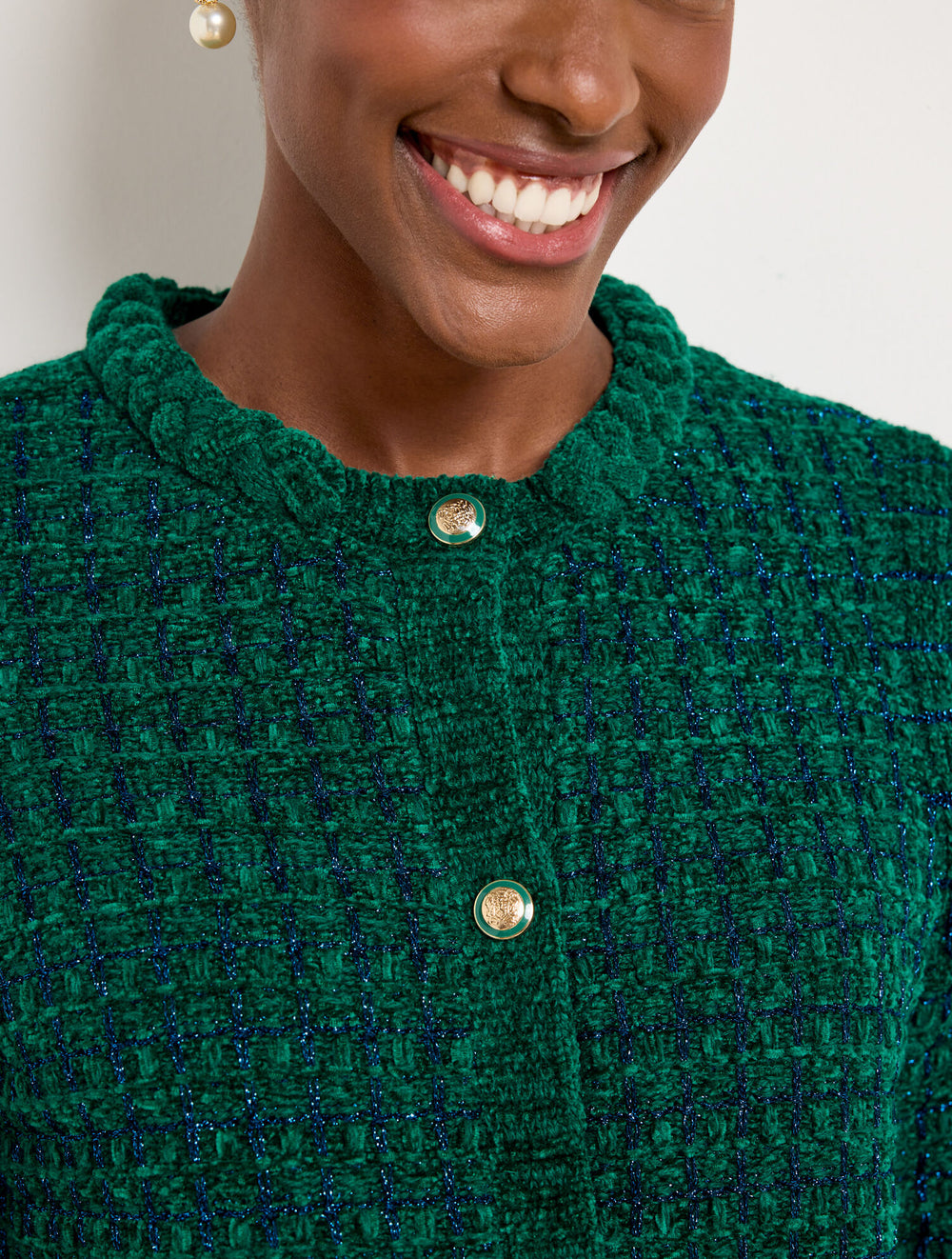 BLACK CHENILLE CREWNECK CARDIGAN - METALLIC PLAID | Talbots for sale