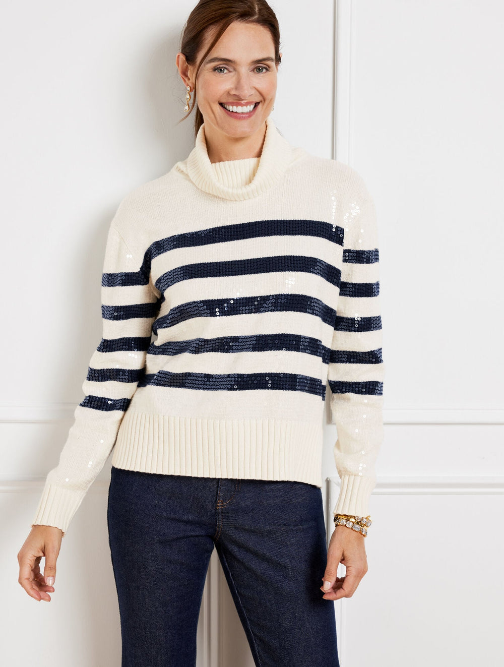 IVORY/INDIGO TURTLENECK SWEATER - SEQUIN STRIPE | Talbots near me