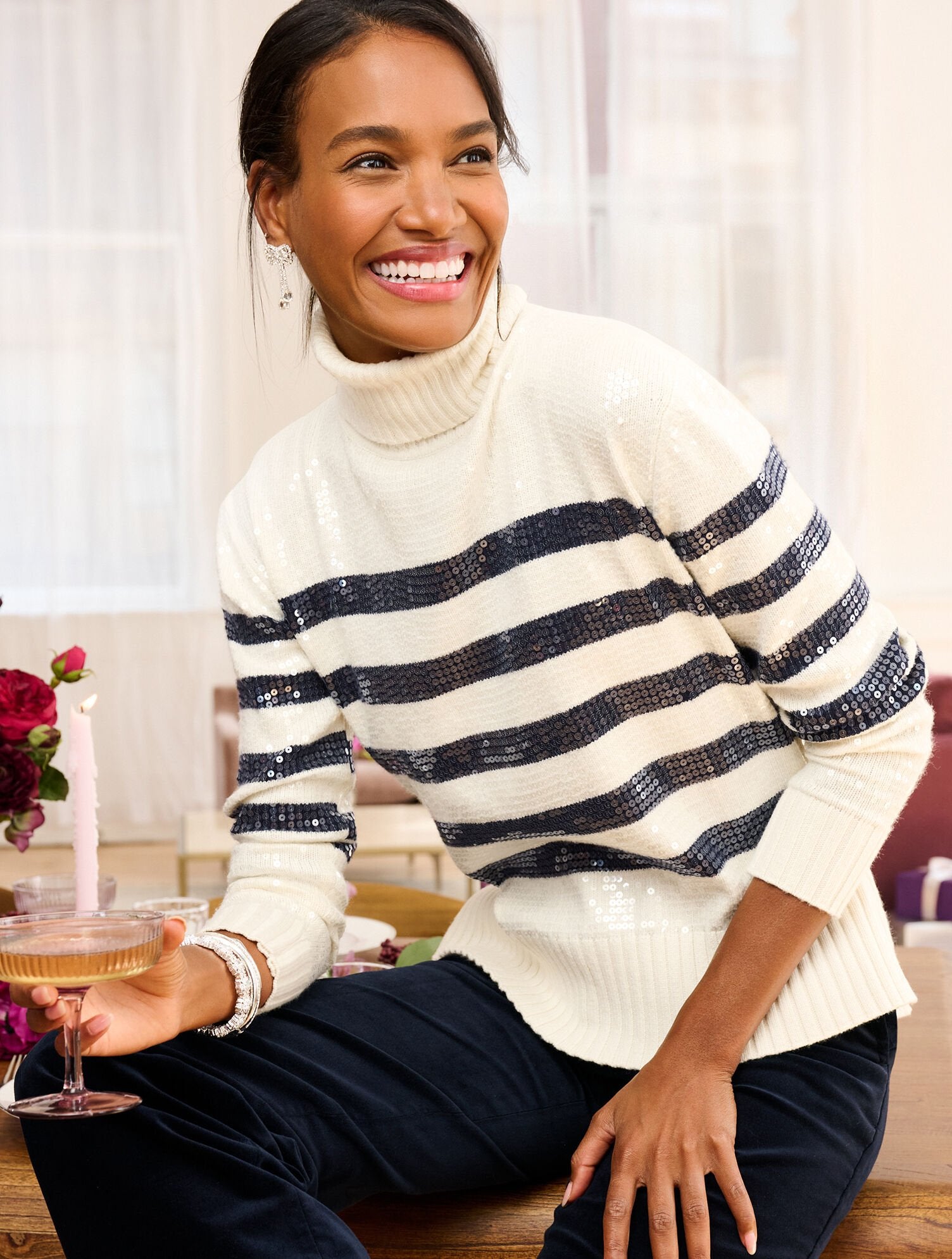 IVORY/INDIGO TURTLENECK SWEATER - SEQUIN STRIPE | Talbots near me