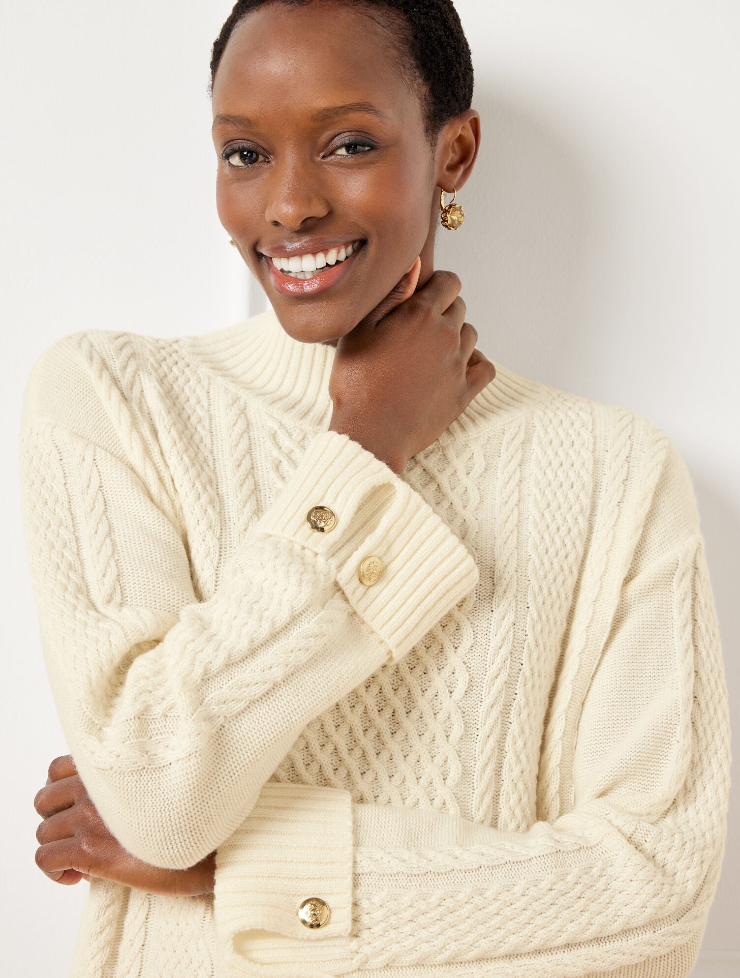 INDIGO BLUE|RED POP CABLE KNIT BUTTON CUFF SWEATER | Talbots US