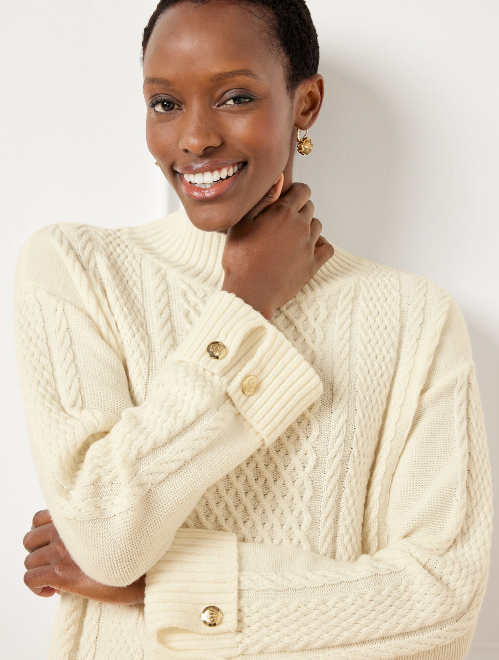 INDIGO BLUE|RED POP CABLE KNIT BUTTON CUFF SWEATER | Talbots US