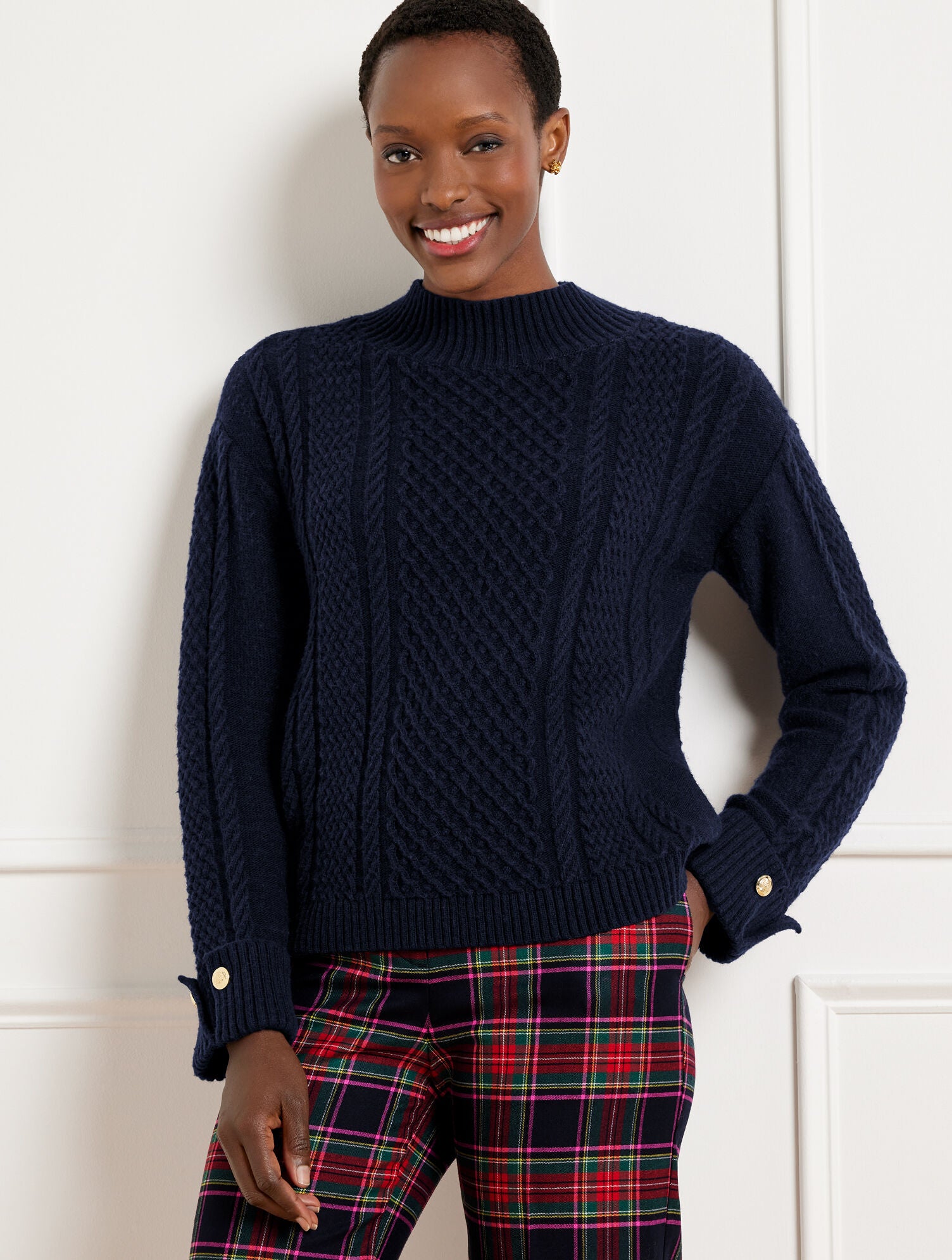 INDIGO BLUE|RED POP CABLE KNIT BUTTON CUFF SWEATER | Talbots US