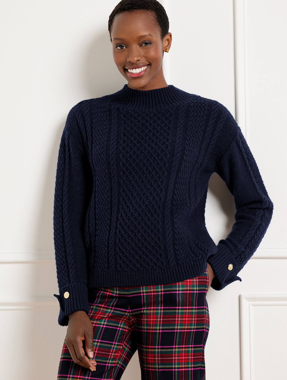INDIGO BLUE|RED POP CABLE KNIT BUTTON CUFF SWEATER | Talbots US