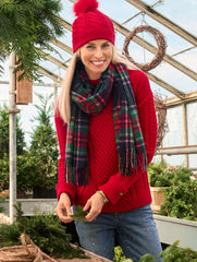 INDIGO BLUE|RED POP CABLE KNIT BUTTON CUFF SWEATER | Talbots US