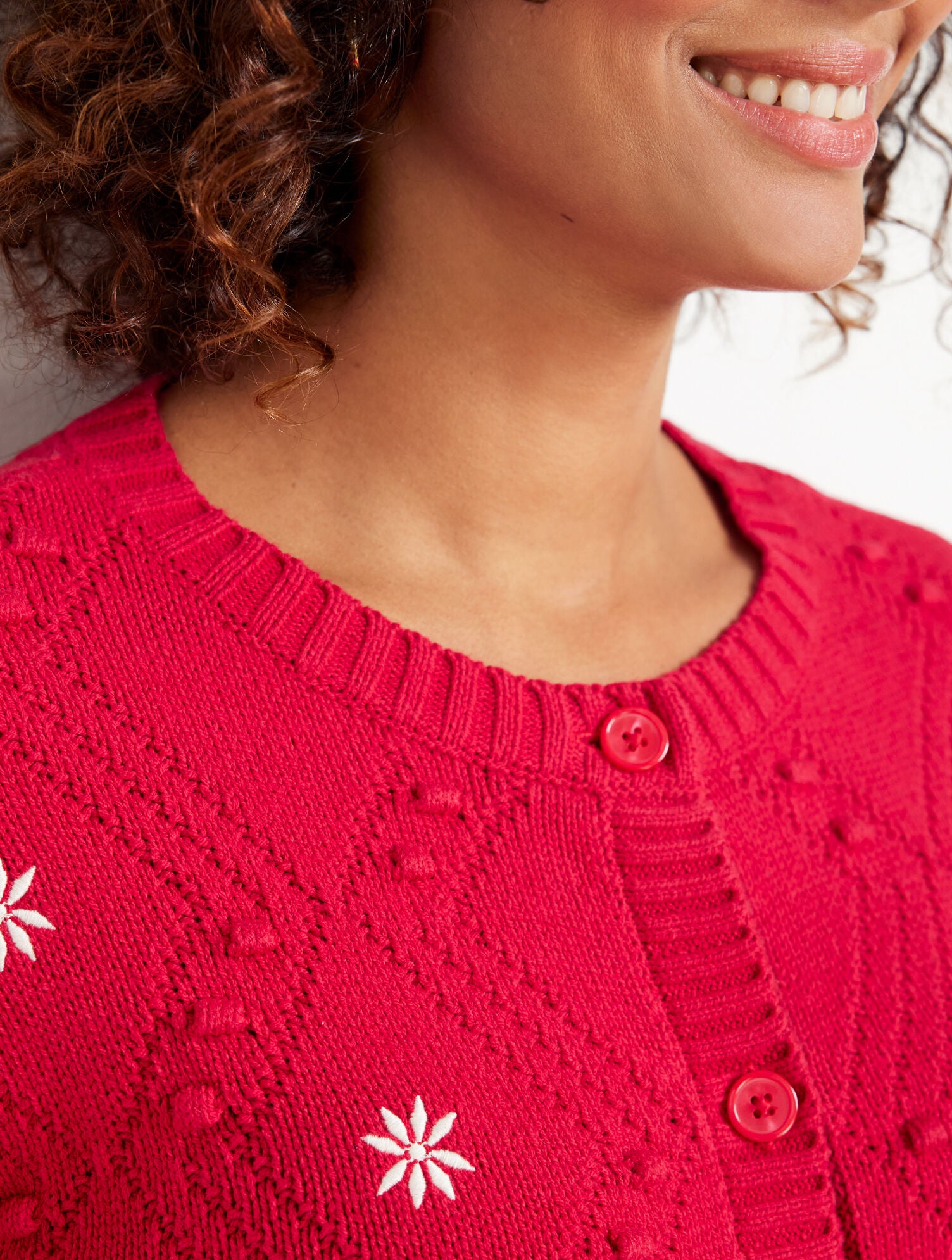 RED POP MULTI EMBROIDERED BOBBLE CARDIGAN | Talbots discount