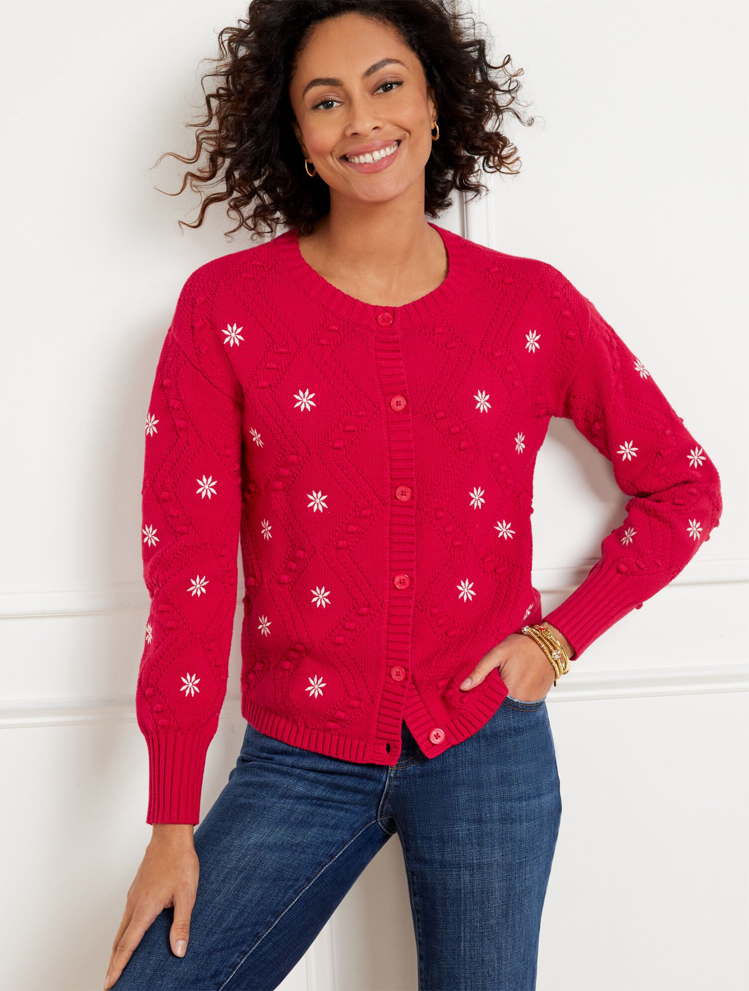 RED POP MULTI EMBROIDERED BOBBLE CARDIGAN | Talbots discount