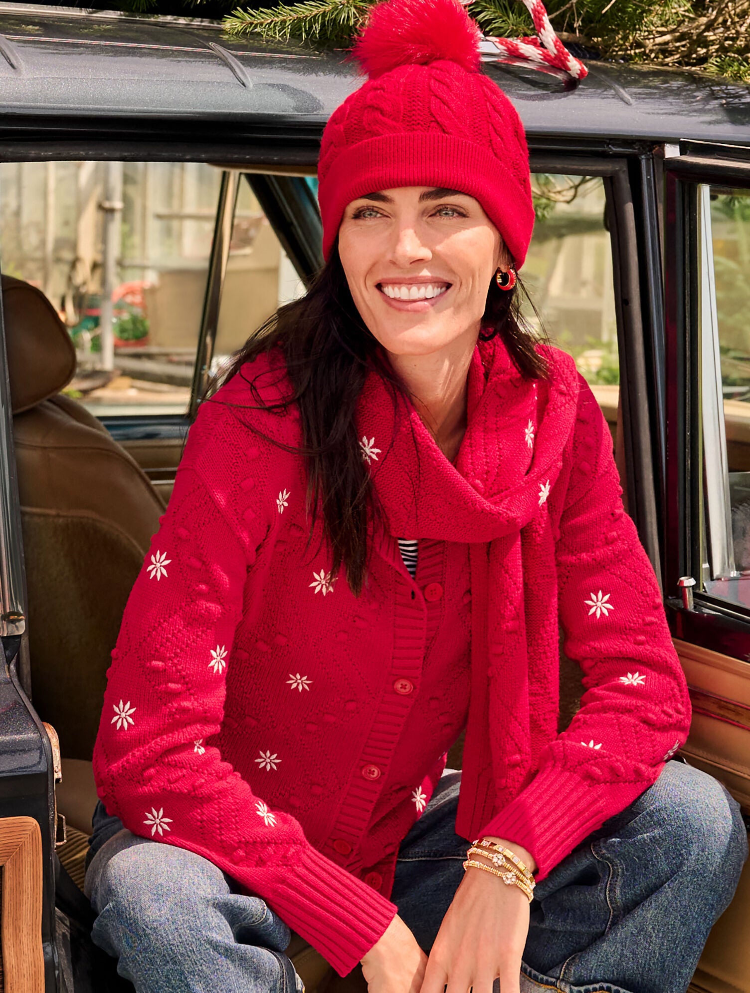 RED POP MULTI EMBROIDERED BOBBLE CARDIGAN | Talbots discount