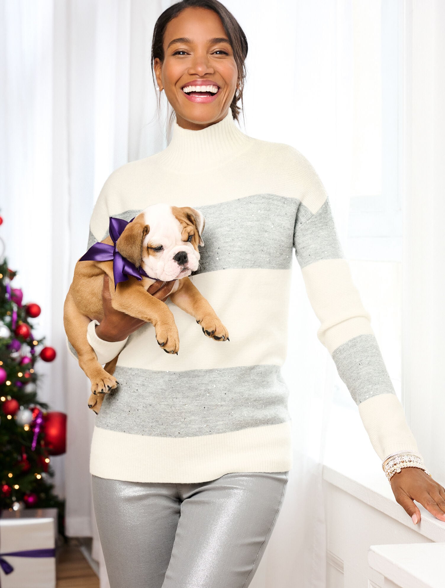 IVORY/TOASTED COCONUT WOOL BLEND TURTLENECK SWEATER - SEQUIN STRIPE | Talbots discount