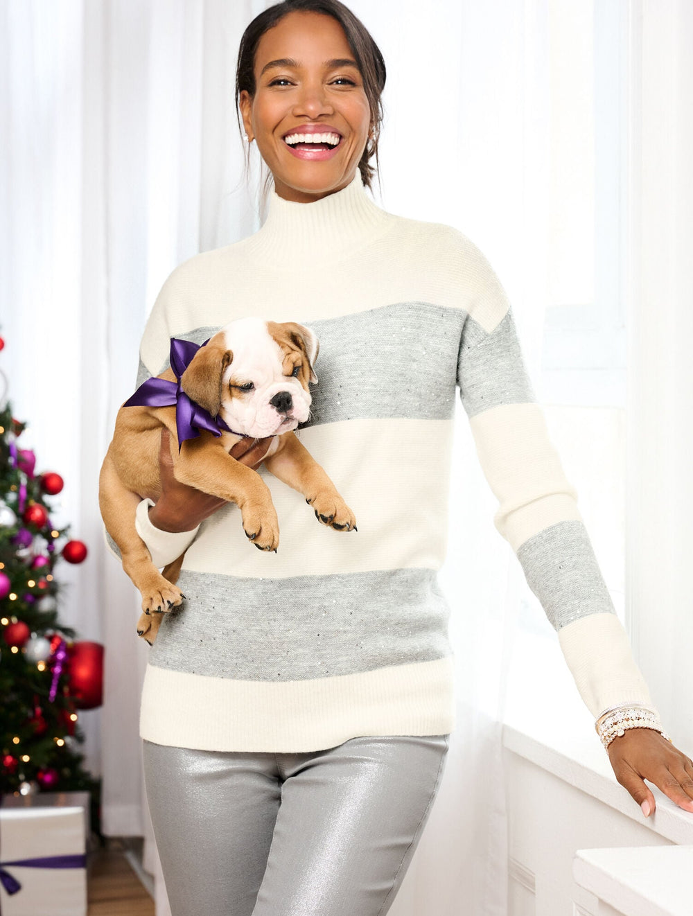 IVORY/TOASTED COCONUT WOOL BLEND TURTLENECK SWEATER - SEQUIN STRIPE | Talbots discount