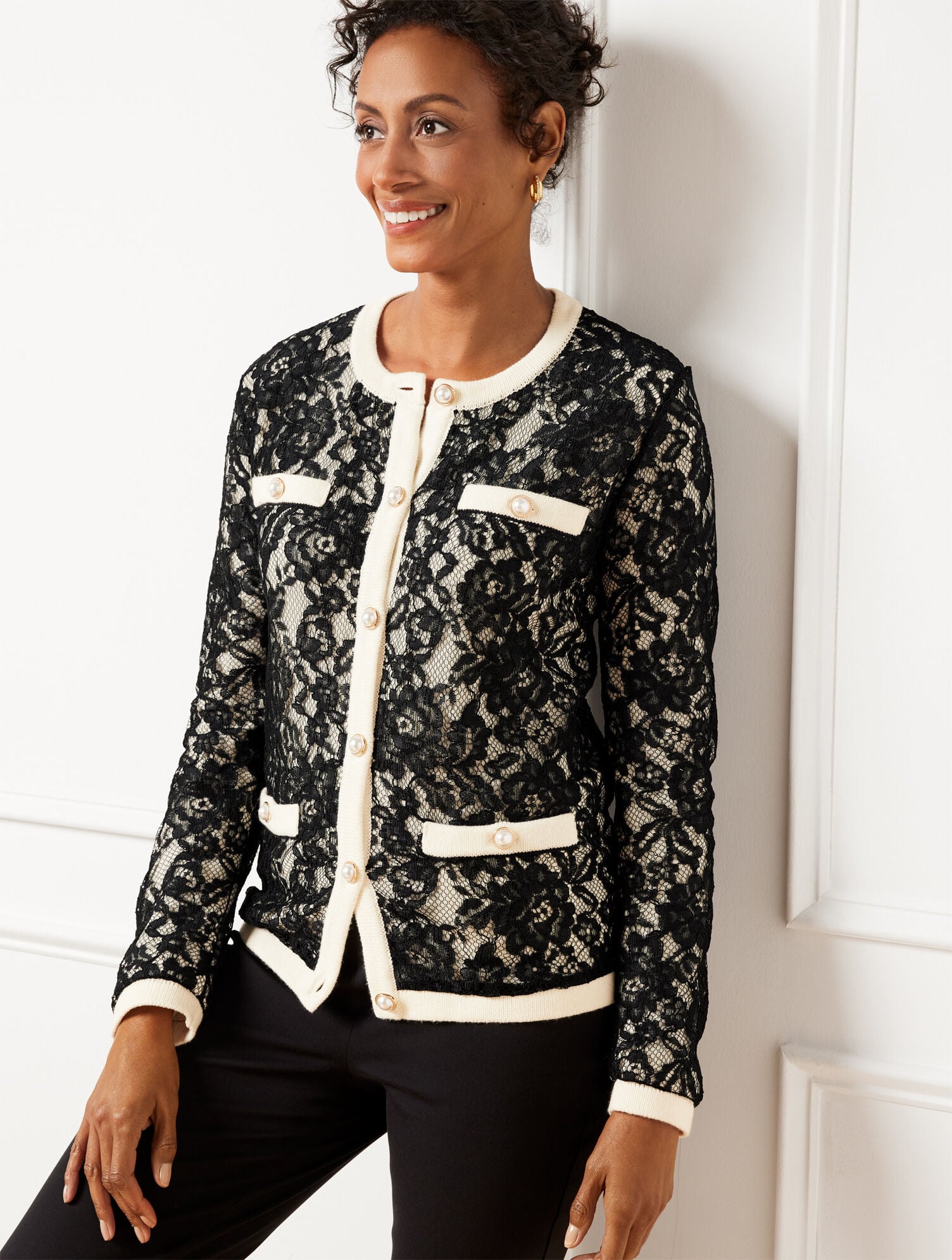 IVORY/BLACK FLORAL LACE CARDIGAN | Talbots on sale