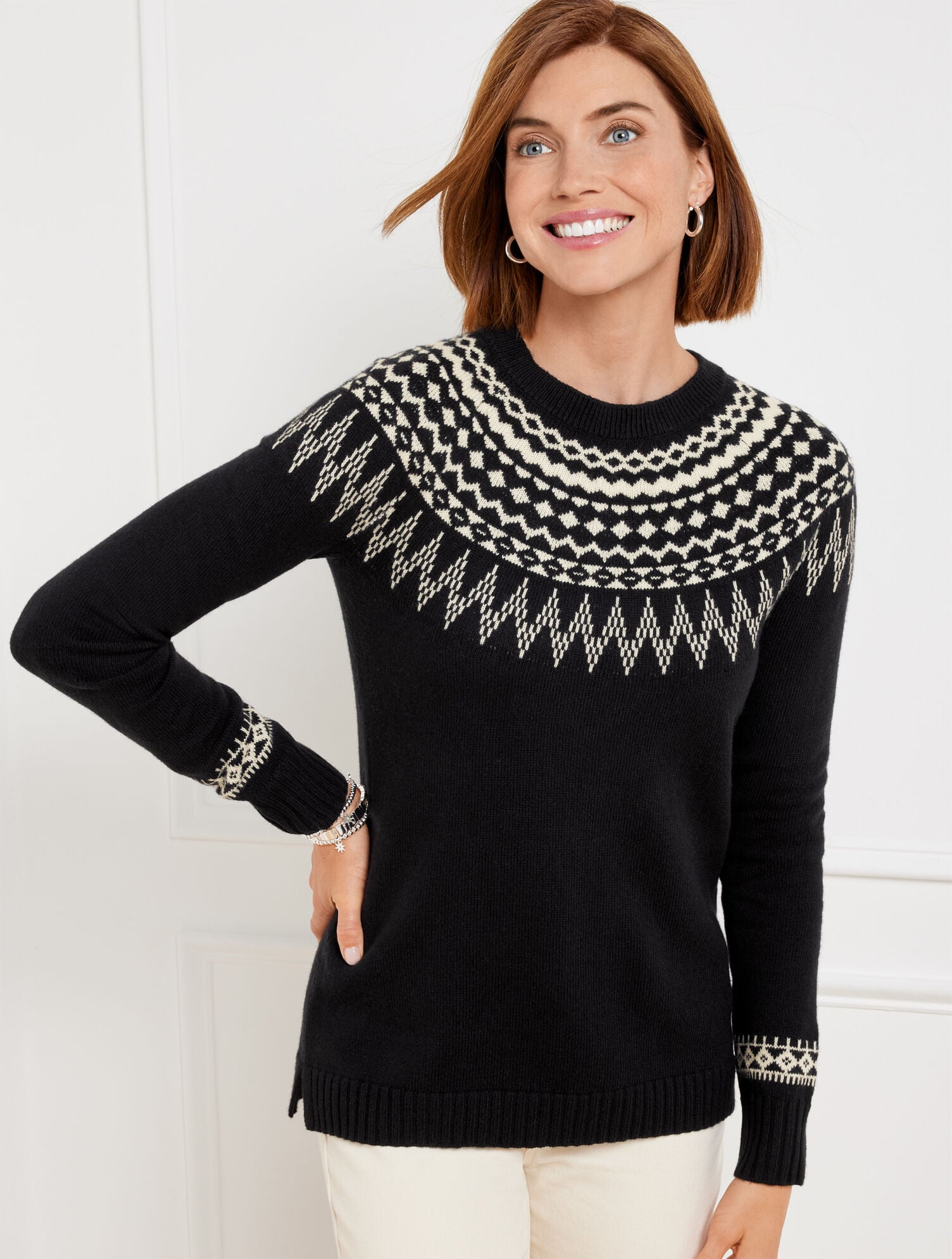 BLACK/IVORY CREWNECK SWEATER - SPIRITED FAIR ISLE | Talbots on sale