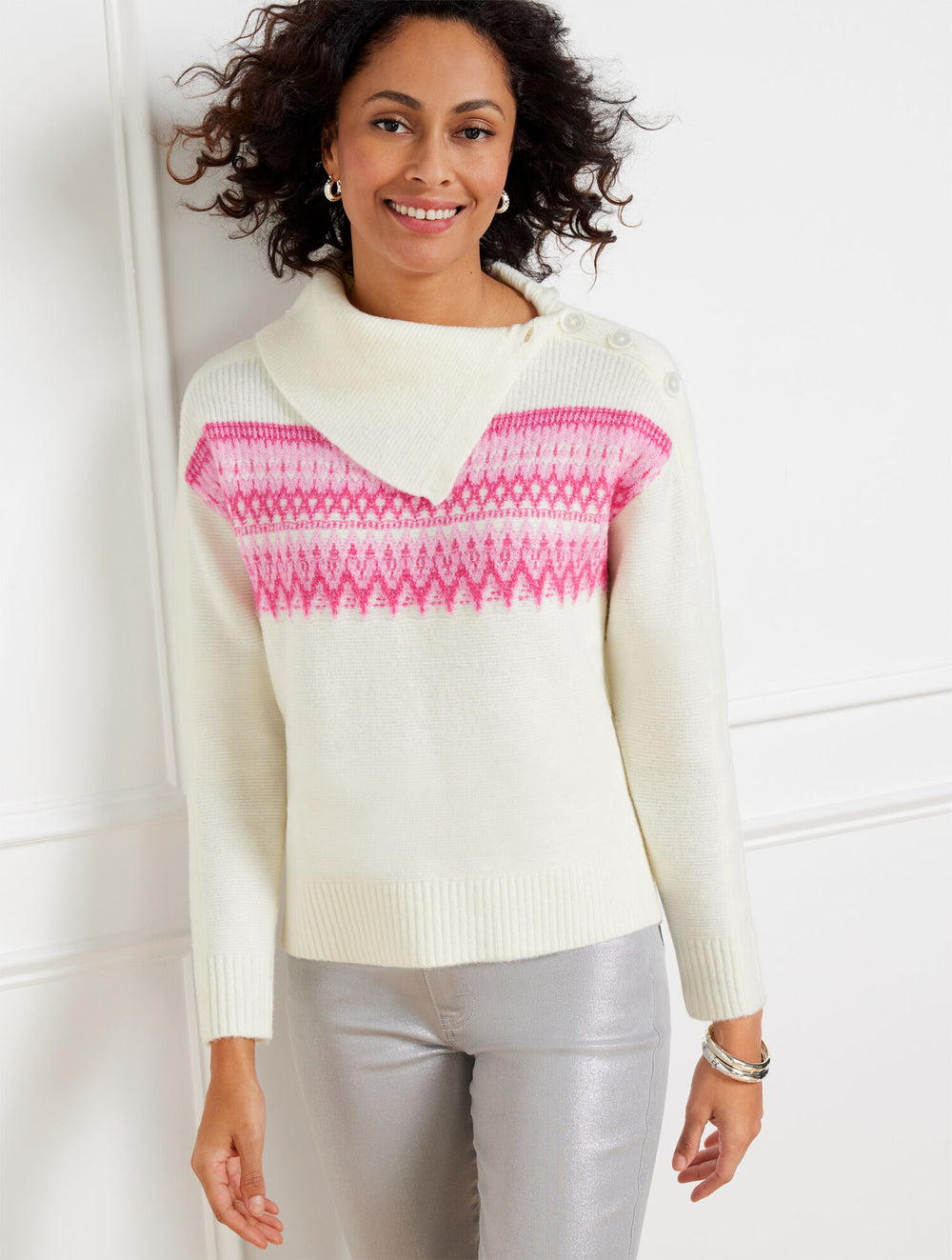 IVORY/HONEYSUCKLE SPLIT NECK SWEATER - WHIMSICAL FAIR ISLE | Talbots sale