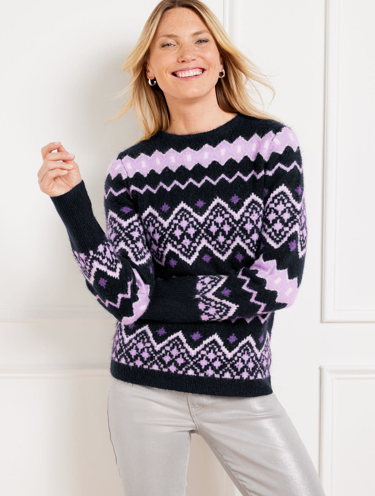 INDIGO/PURPLE ROSE MULTI CREWNECK SWEATER - DIAMOND FAIR ISLE | Talbots on sale