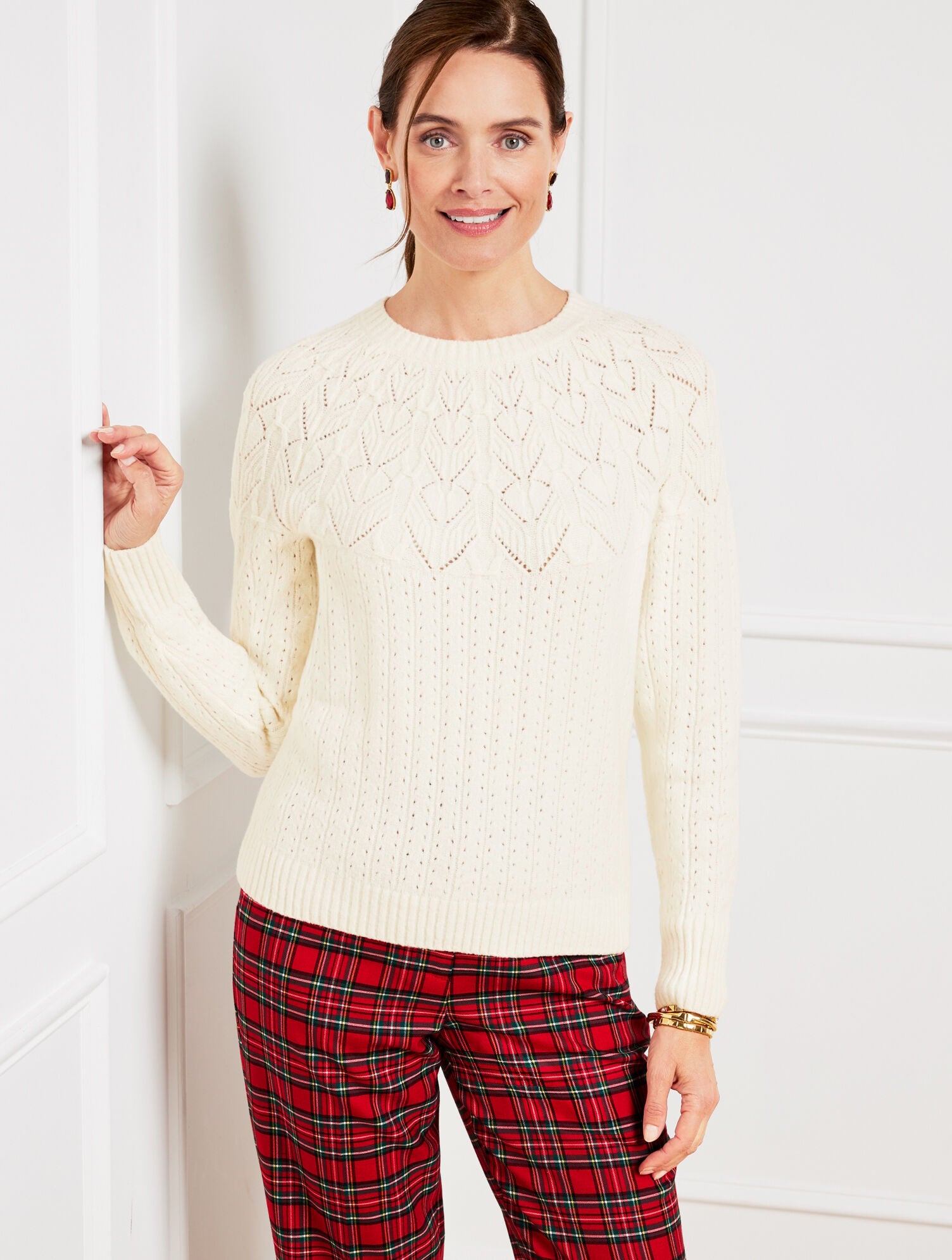 IVORY|PURPLE MAJESTY POINTELLE ROUND YOKE SWEATER | Talbots sale