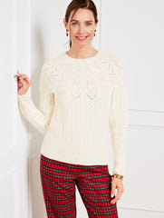 IVORY|PURPLE MAJESTY POINTELLE ROUND YOKE SWEATER | Talbots sale