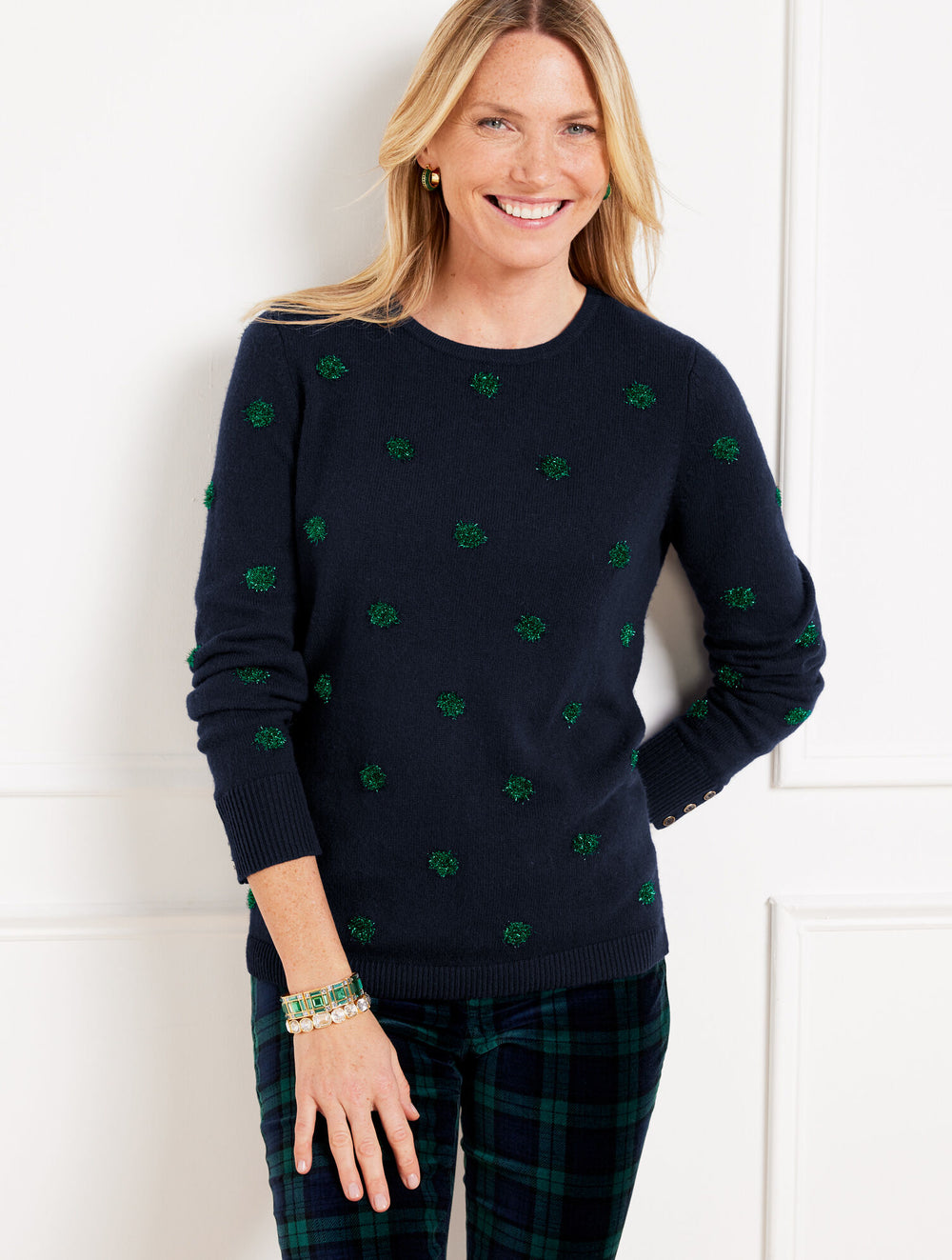 INDIGO/DARK GREEN CREWNECK SWEATER - TINSEL DOT | Talbots outlet