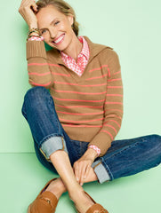 CAFE/CORAL PEACH MULTI JOHNNY COLLAR STRIPED PULLOVER | Talbots sale