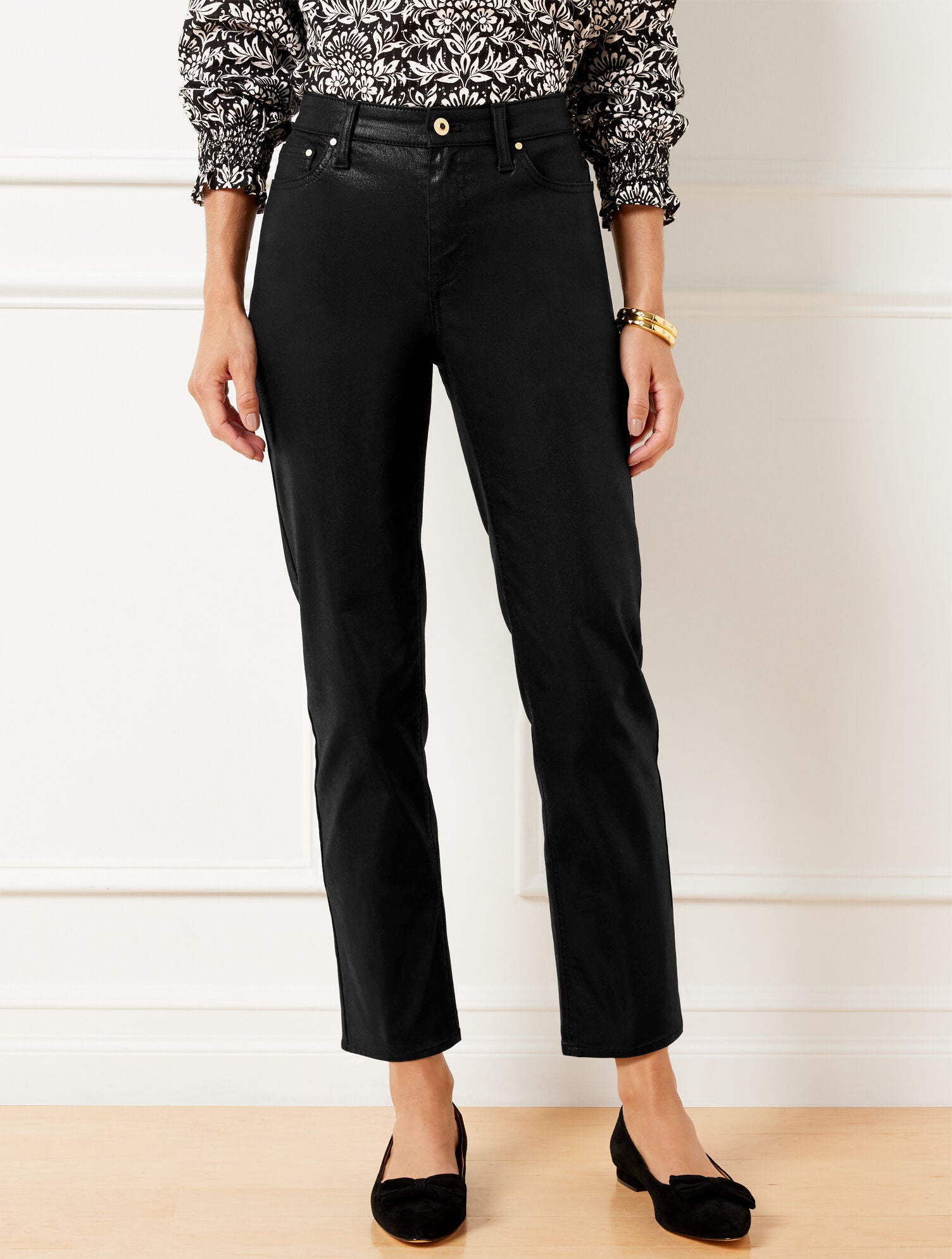 BLACK/BLACK FOIL SLIM STRAIGHT ANKLE JEANS - METALLIC | Talbots US