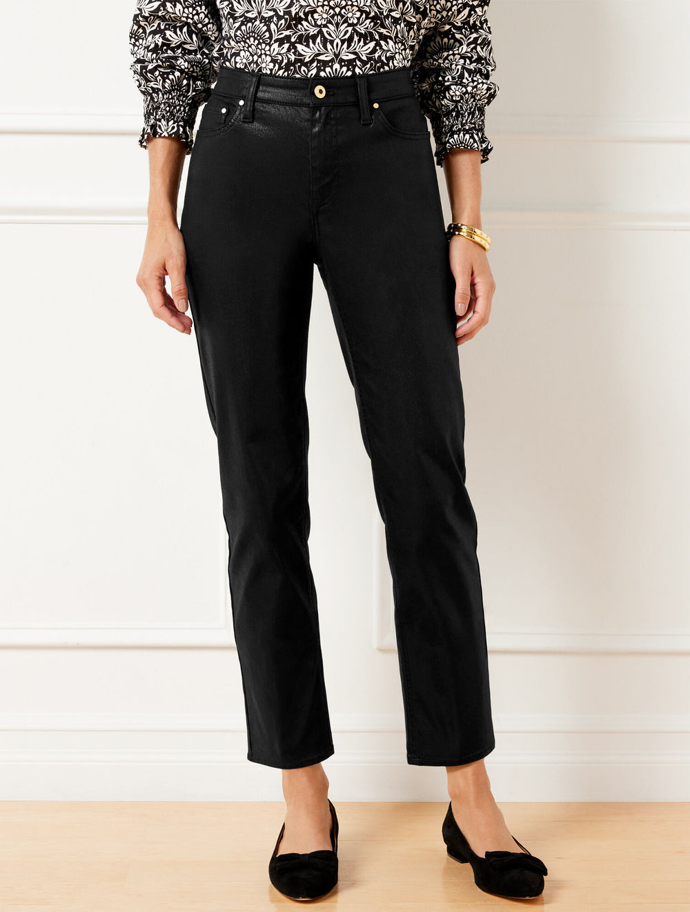 BLACK/BLACK FOIL SLIM STRAIGHT ANKLE JEANS - METALLIC | Talbots US