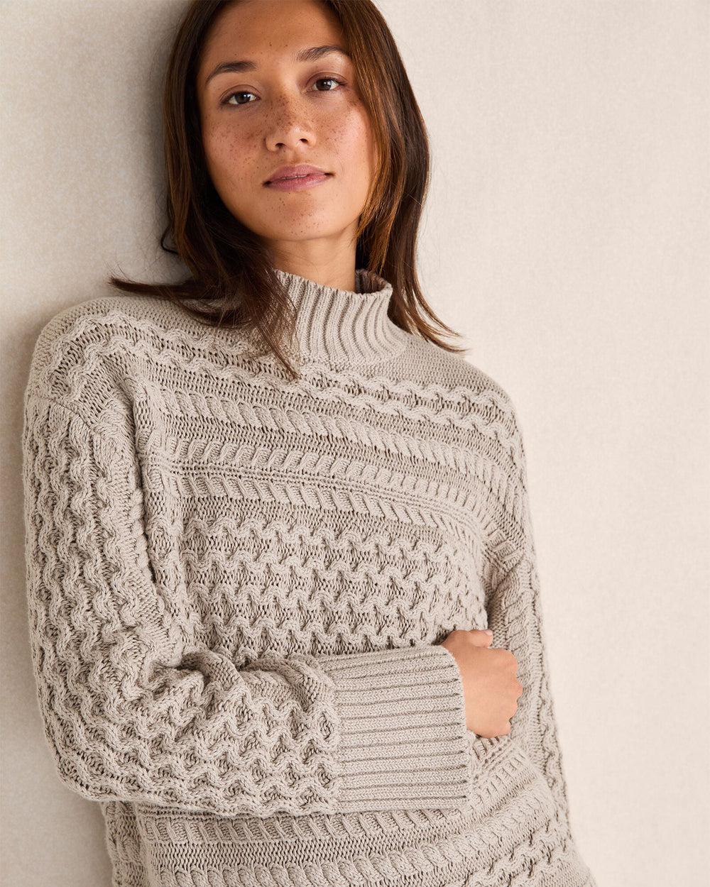 HERON|IVORY ORGANIC COTTON CABLE KNIT FUNNEL NECK SWEATER | Talbots sale