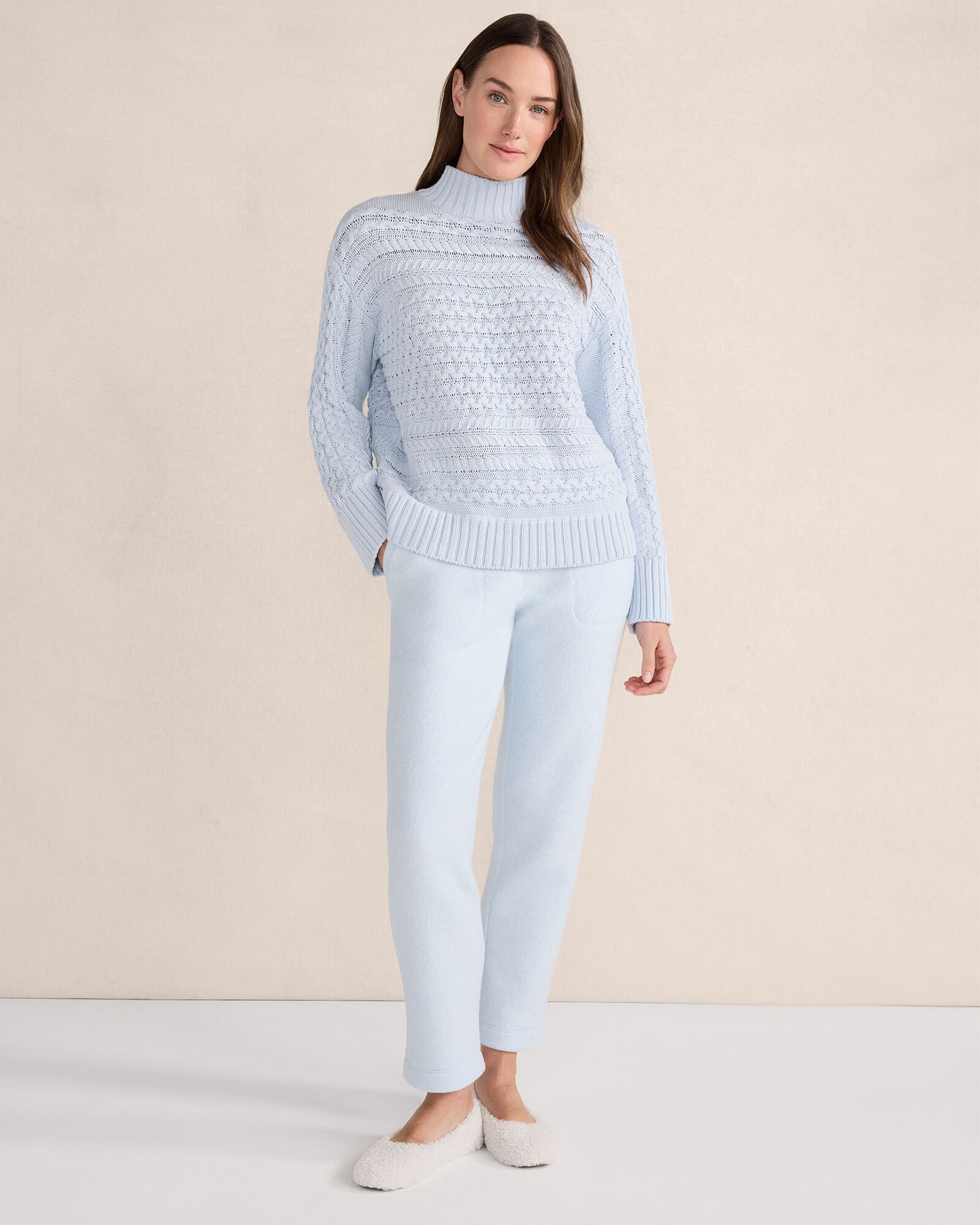 HERON|IVORY ORGANIC COTTON CABLE KNIT FUNNEL NECK SWEATER | Talbots sale