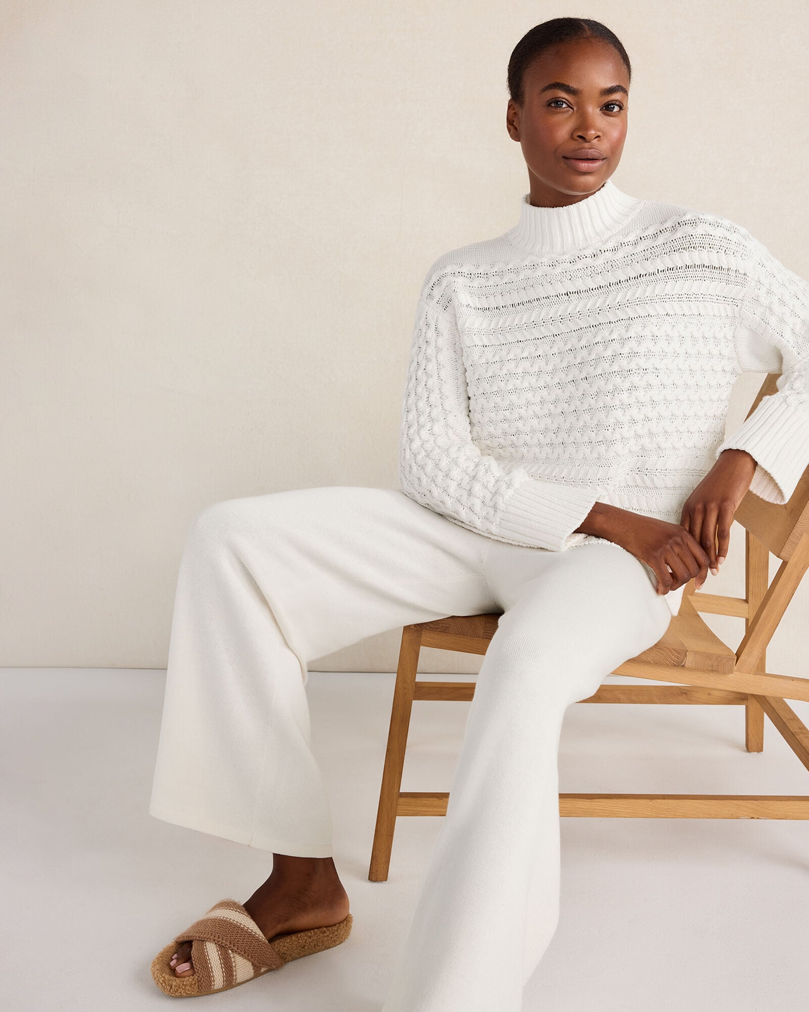 HERON|IVORY ORGANIC COTTON CABLE KNIT FUNNEL NECK SWEATER | Talbots sale