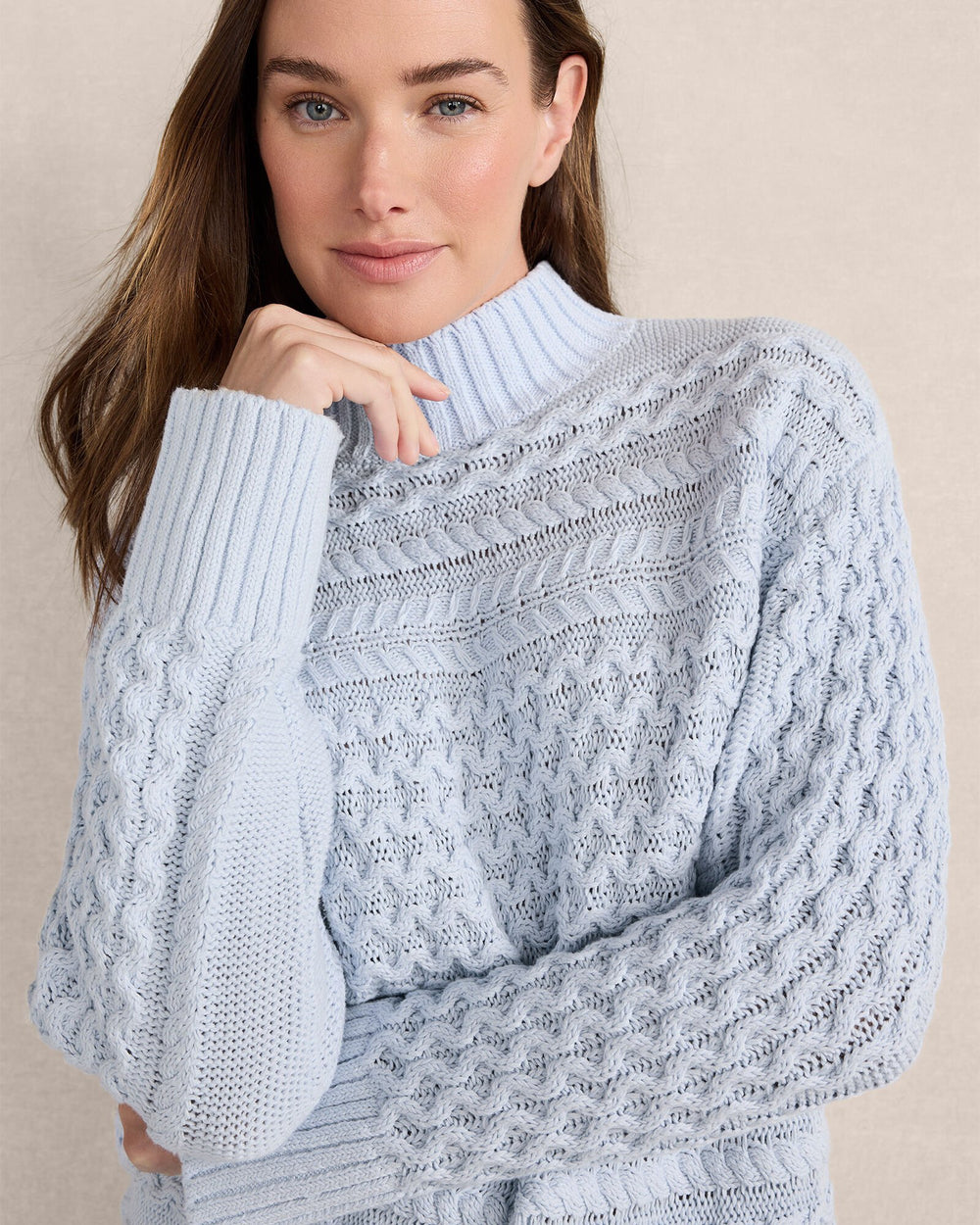 HERON|IVORY ORGANIC COTTON CABLE KNIT FUNNEL NECK SWEATER | Talbots for sale