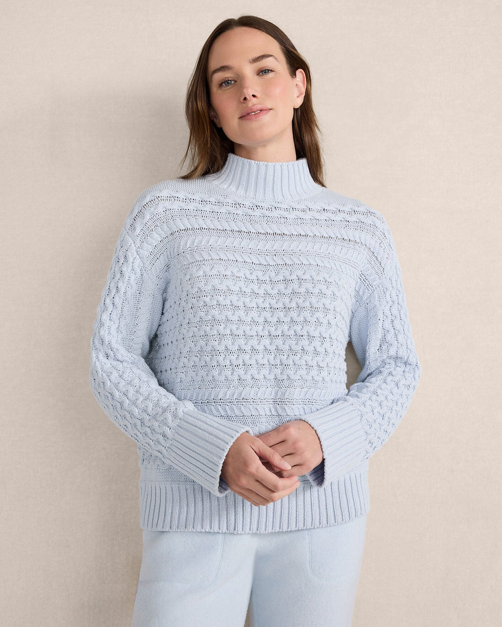 HERON|IVORY ORGANIC COTTON CABLE KNIT FUNNEL NECK SWEATER | Talbots for sale
