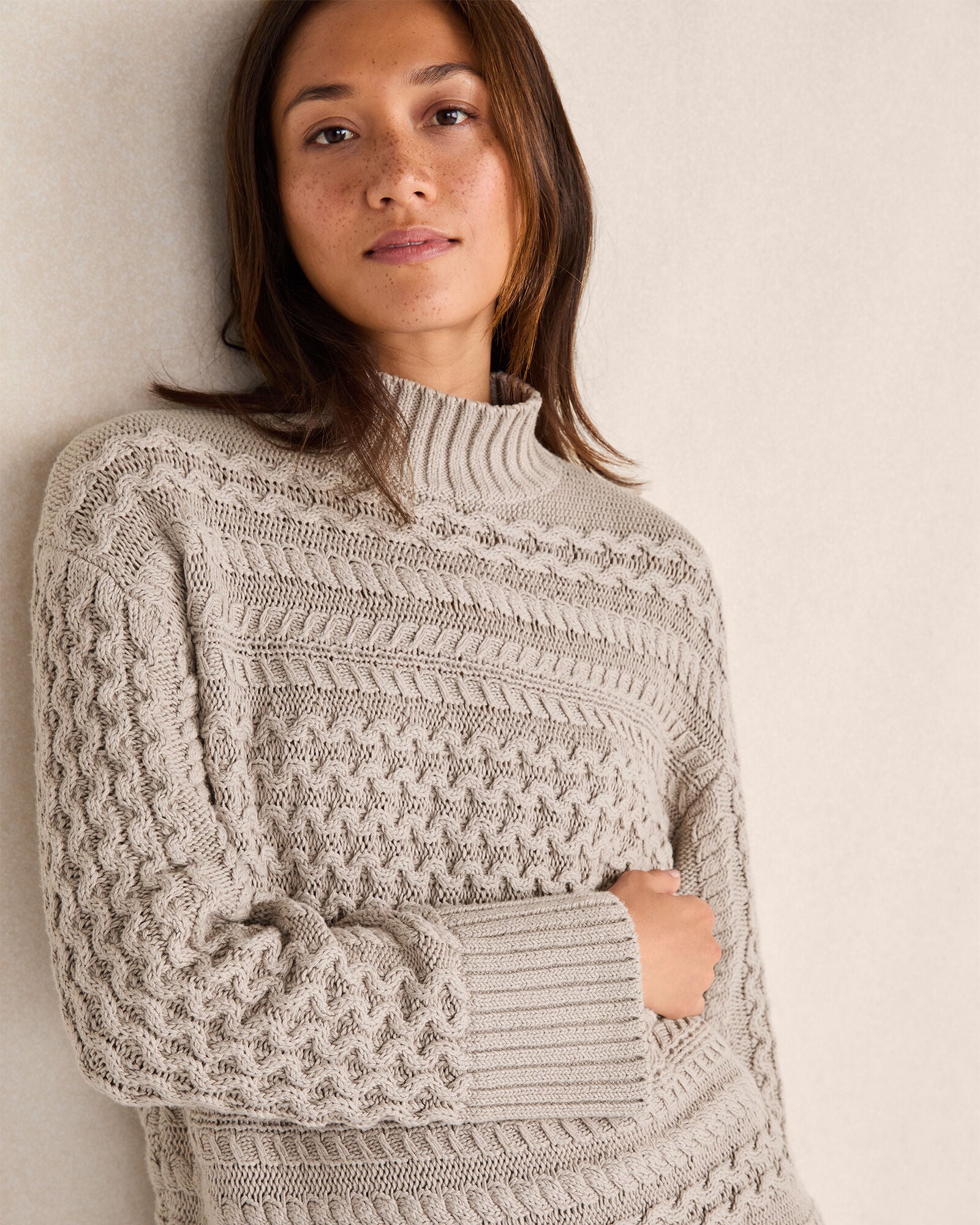 HERON|IVORY ORGANIC COTTON CABLE KNIT FUNNEL NECK SWEATER | Talbots for sale
