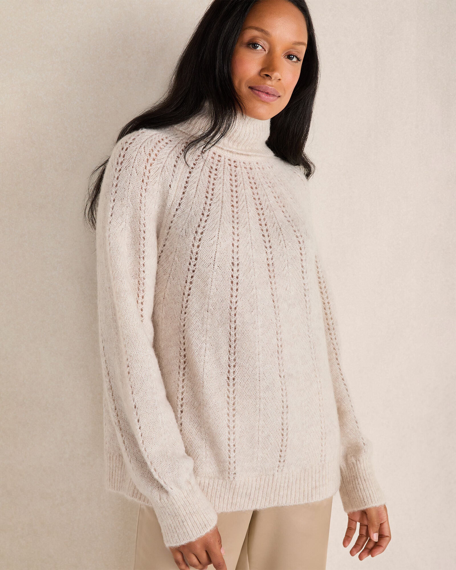 LT ANGORA HEATHER LOFTY KNIT POINTELLE TURTLENECK SWEATER | Talbots US