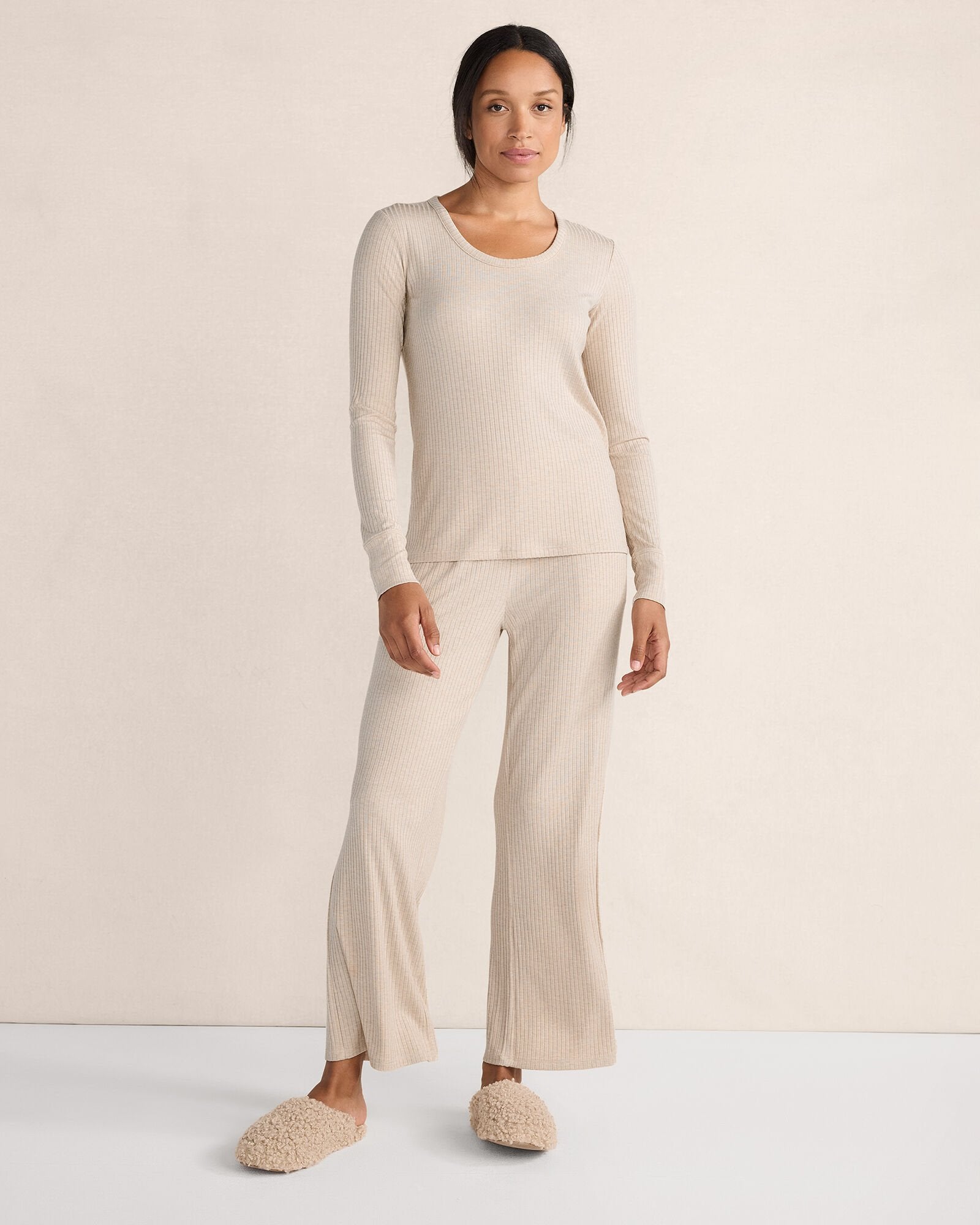 FAWN HEATHER|GRAPHITE HEATHER DRAPEY RIB KNIT PANTS | Talbots outlet
