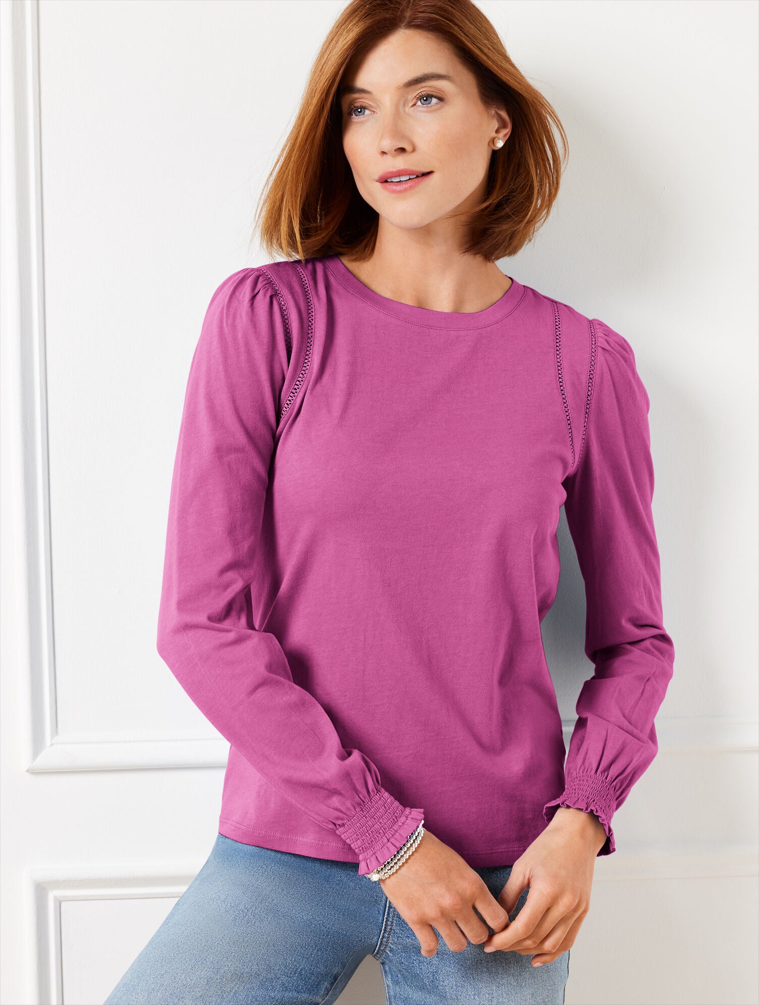 WILD ASTER LATTICE TRIM CREWNECK TEE | Talbots sale