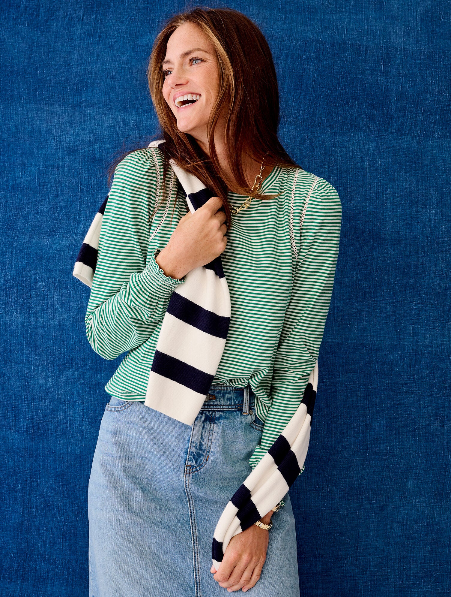 DERRY GREEN/IVORY|INDIGO/IVORY|MULBERRY WINE/IVORY LATTICE TRIM CREWNECK TEE - STRIPE | Talbots outlet