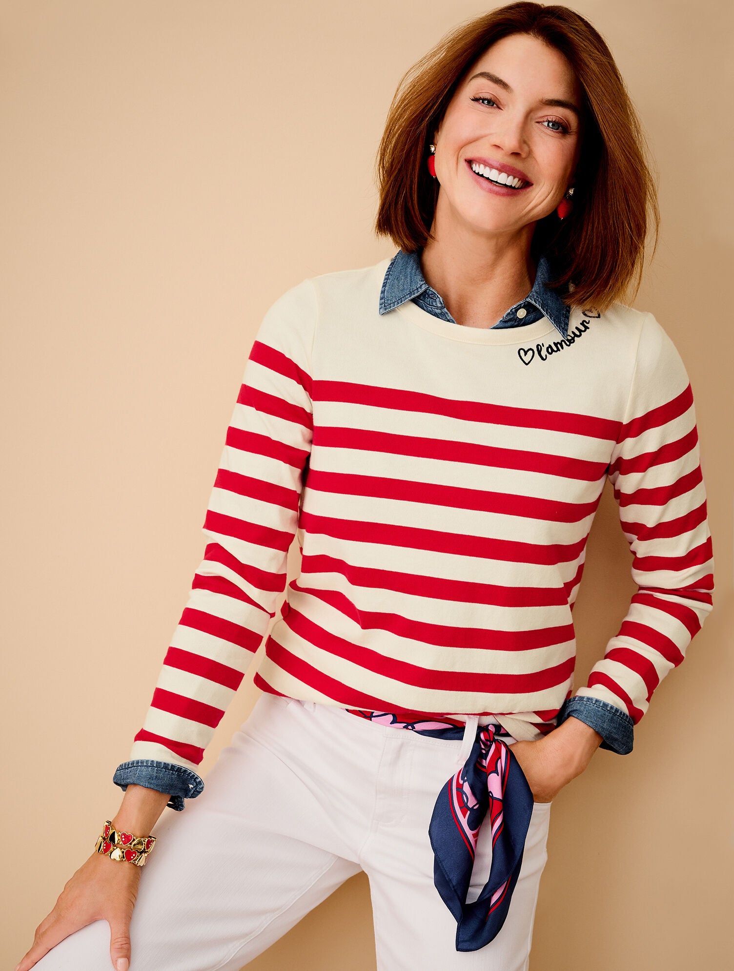 IVORY/RED POP EMBROIDERED TEE - AMOUR STRIPE | Talbots online