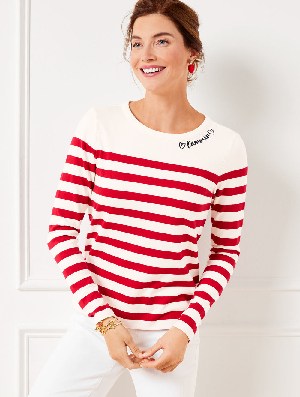 IVORY/RED POP EMBROIDERED TEE - AMOUR STRIPE | Talbots online