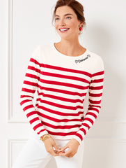 IVORY/RED POP EMBROIDERED TEE - AMOUR STRIPE | Talbots online