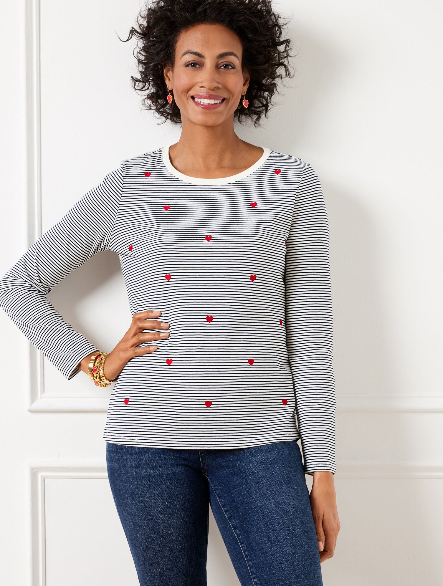 IVORY/INDIGO CREWNECK TEE - EMBELLISHED HEARTS | Talbots discount