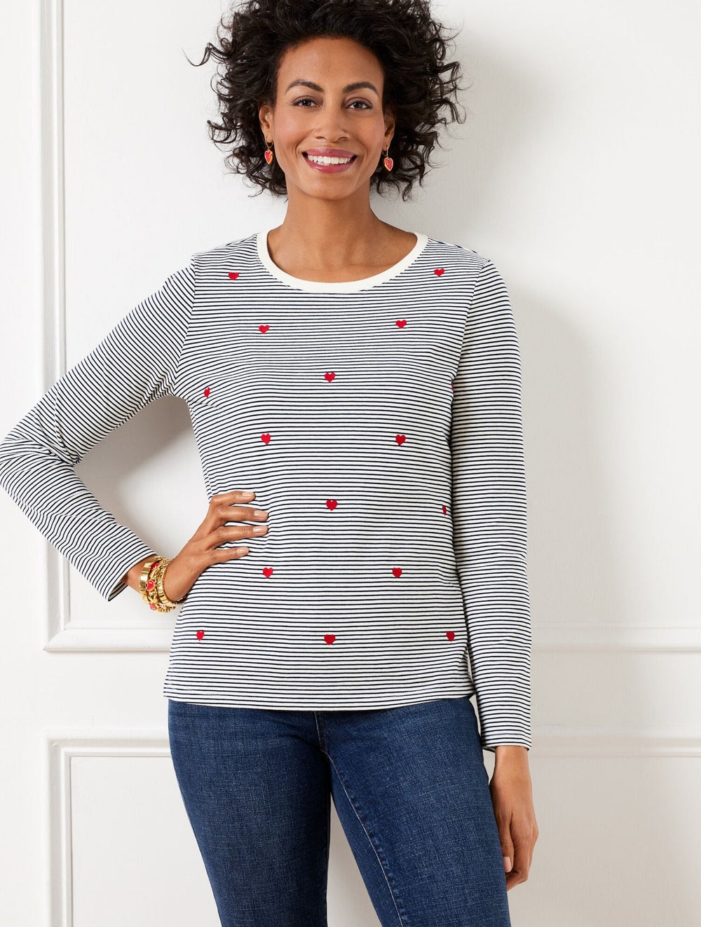IVORY/INDIGO CREWNECK TEE - EMBELLISHED HEARTS | Talbots discount