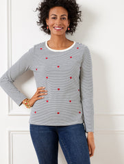 IVORY/INDIGO CREWNECK TEE - EMBELLISHED HEARTS | Talbots discount