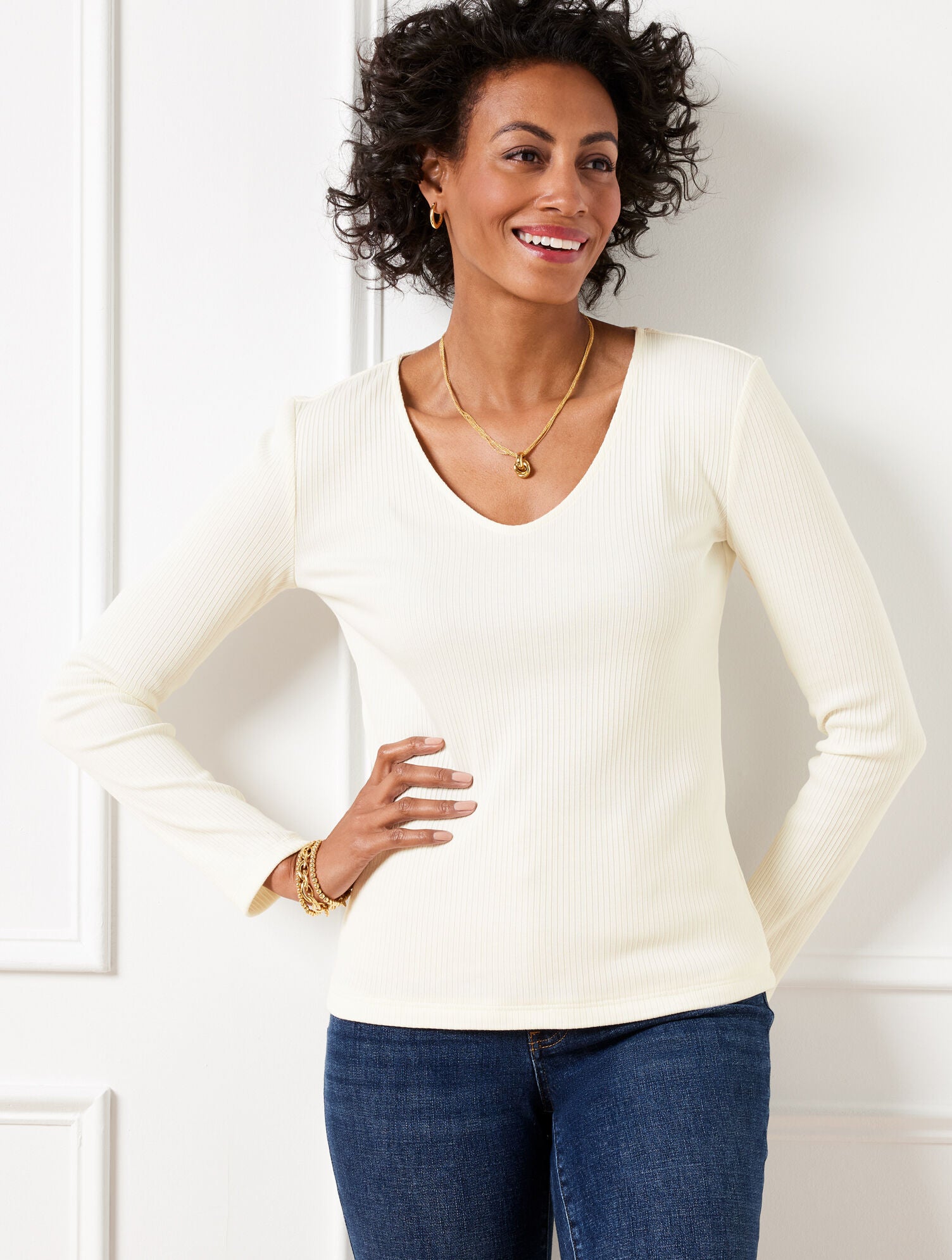 IVORY RIBBED LONG SLEEVE TEE | Talbots sale