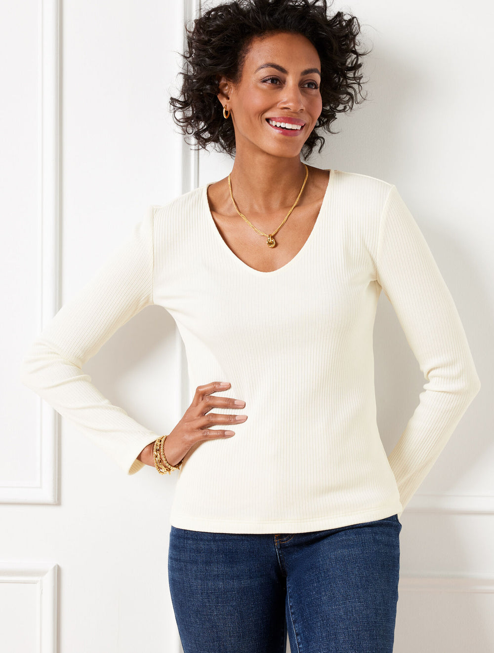 IVORY RIBBED LONG SLEEVE TEE | Talbots sale