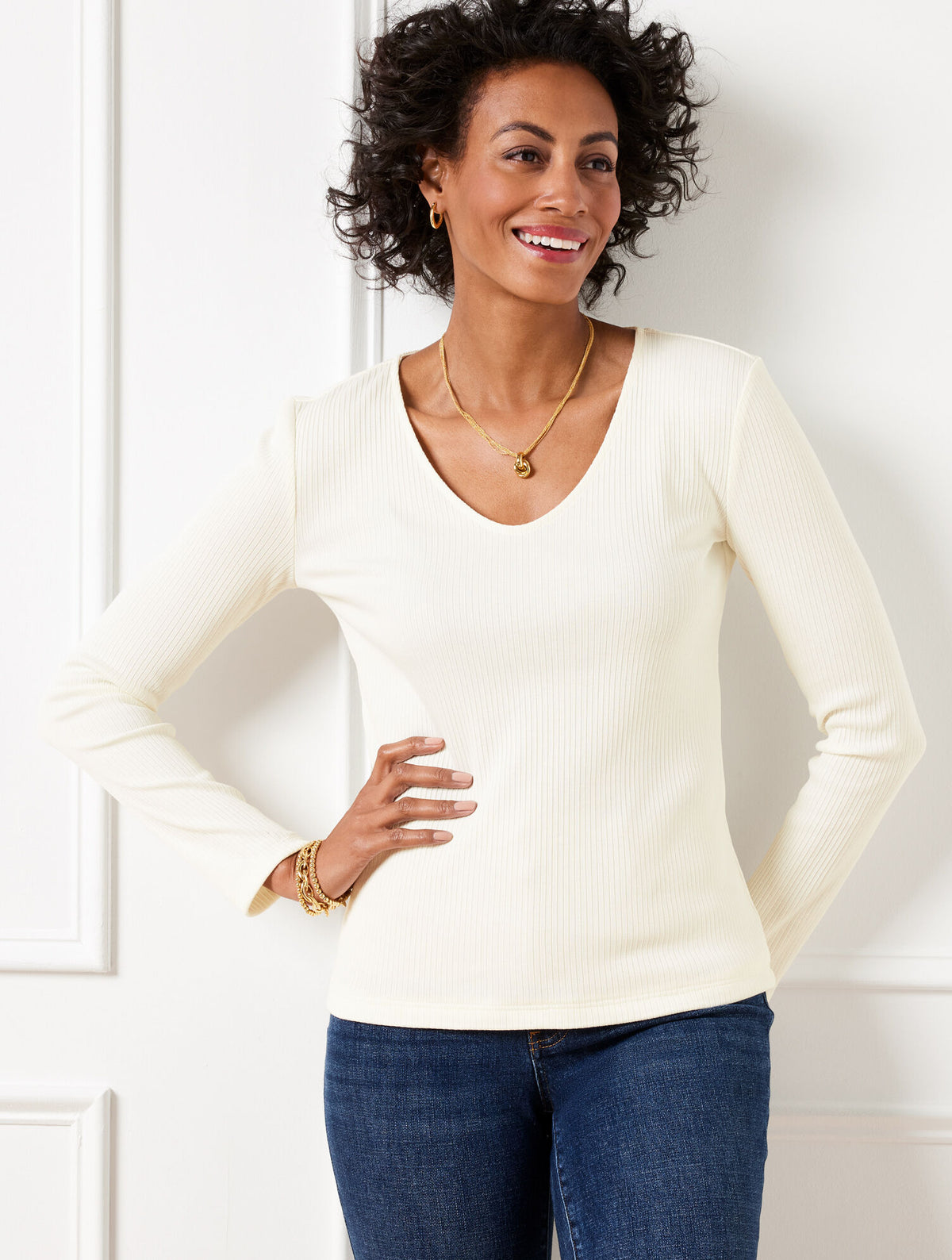 IVORY RIBBED LONG SLEEVE TEE | Talbots sale