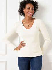 IVORY RIBBED LONG SLEEVE TEE | Talbots sale