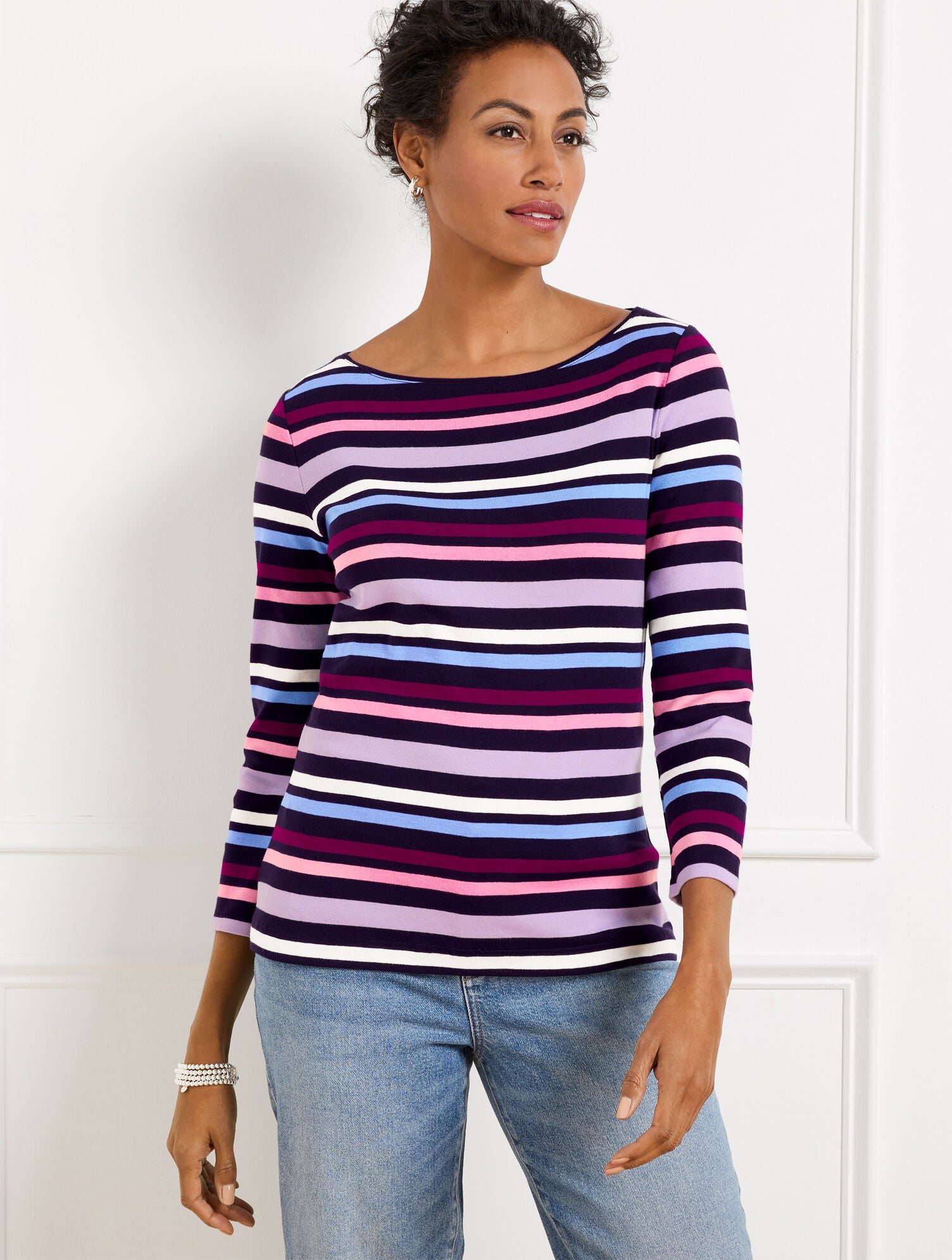 INDIGO MULTI BATEAU NECK TEE - GRAHAM STRIPE | Talbots discount